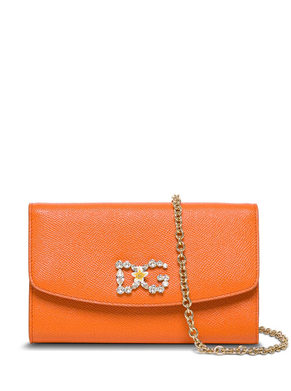 Dolce & Gabbana Crossbody Bag In Orange Leather With Logo Buckle