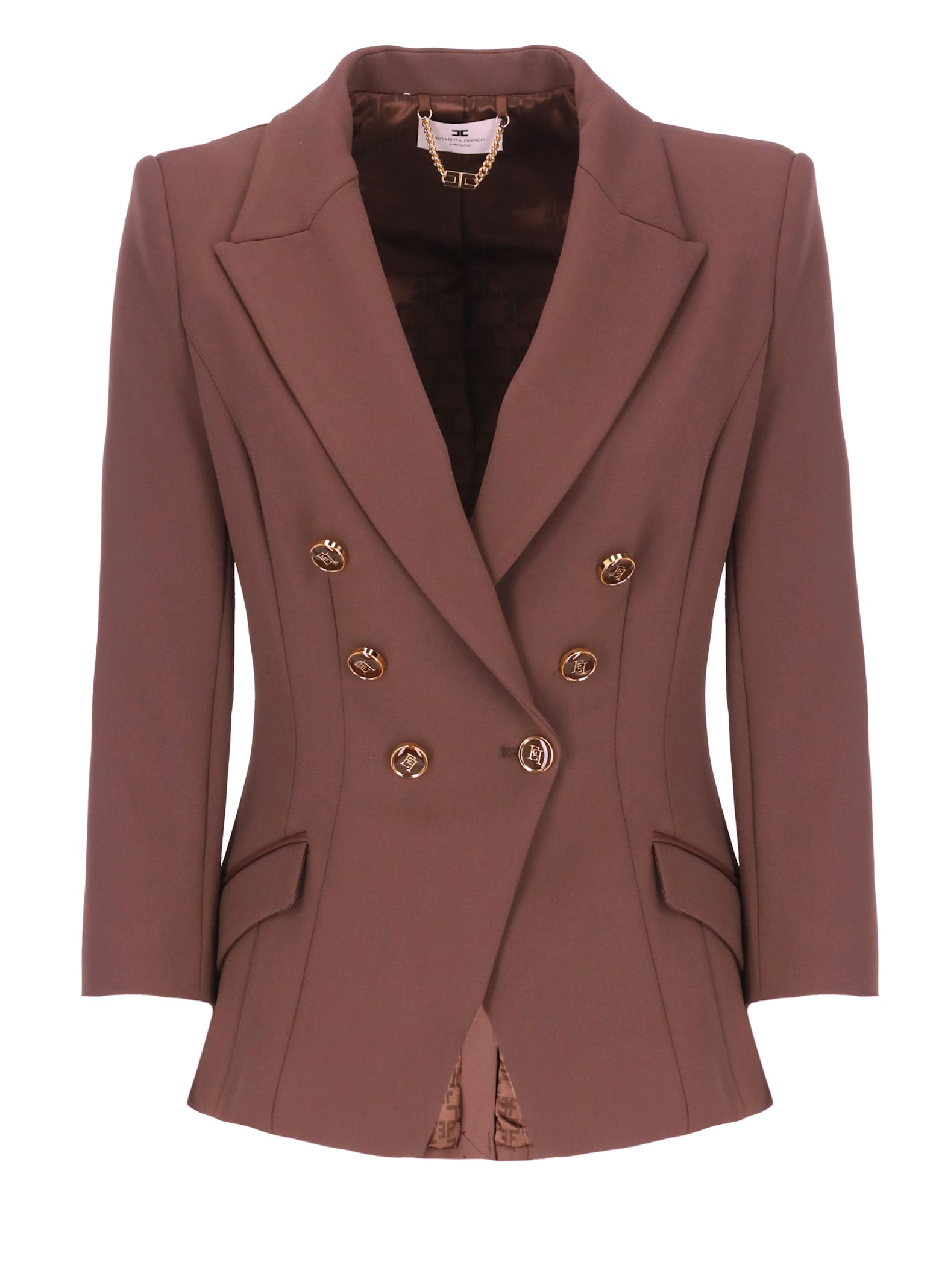 Elisabetta Franchi Tailored Double-breasted Blazer With Gold Accents In Brown