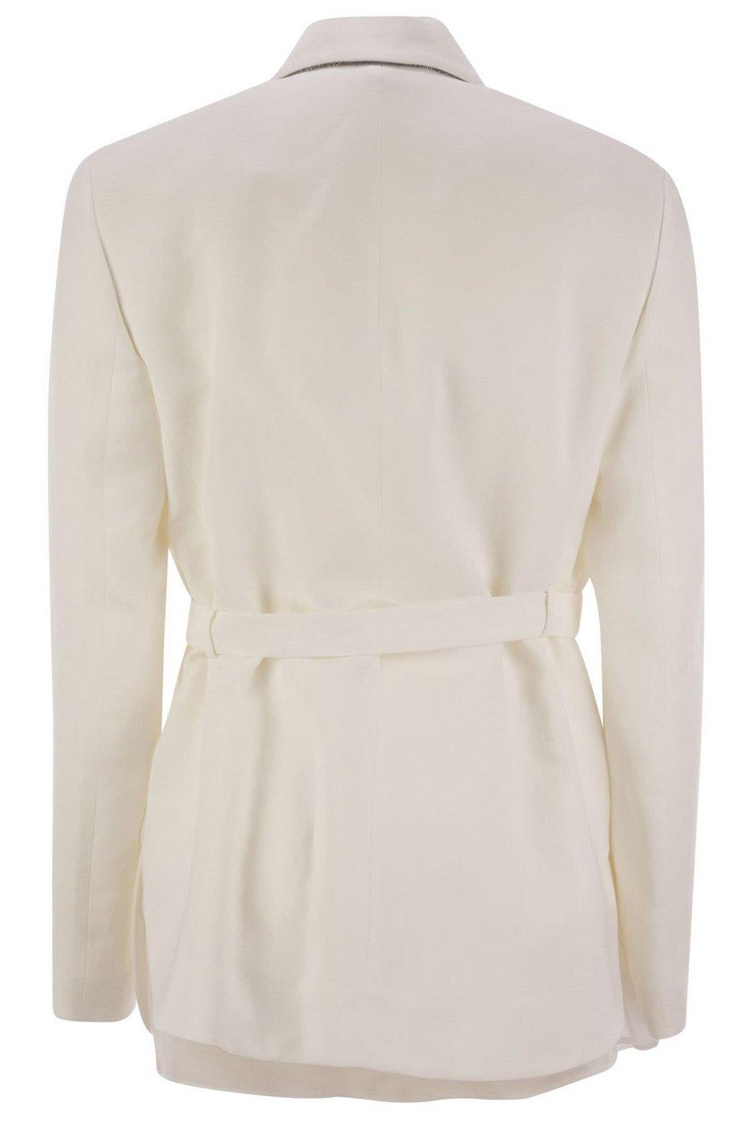 Brunello Cucinelli Women Fluid Viscose And Linen Twill Jacket With Belt And Necklace In White