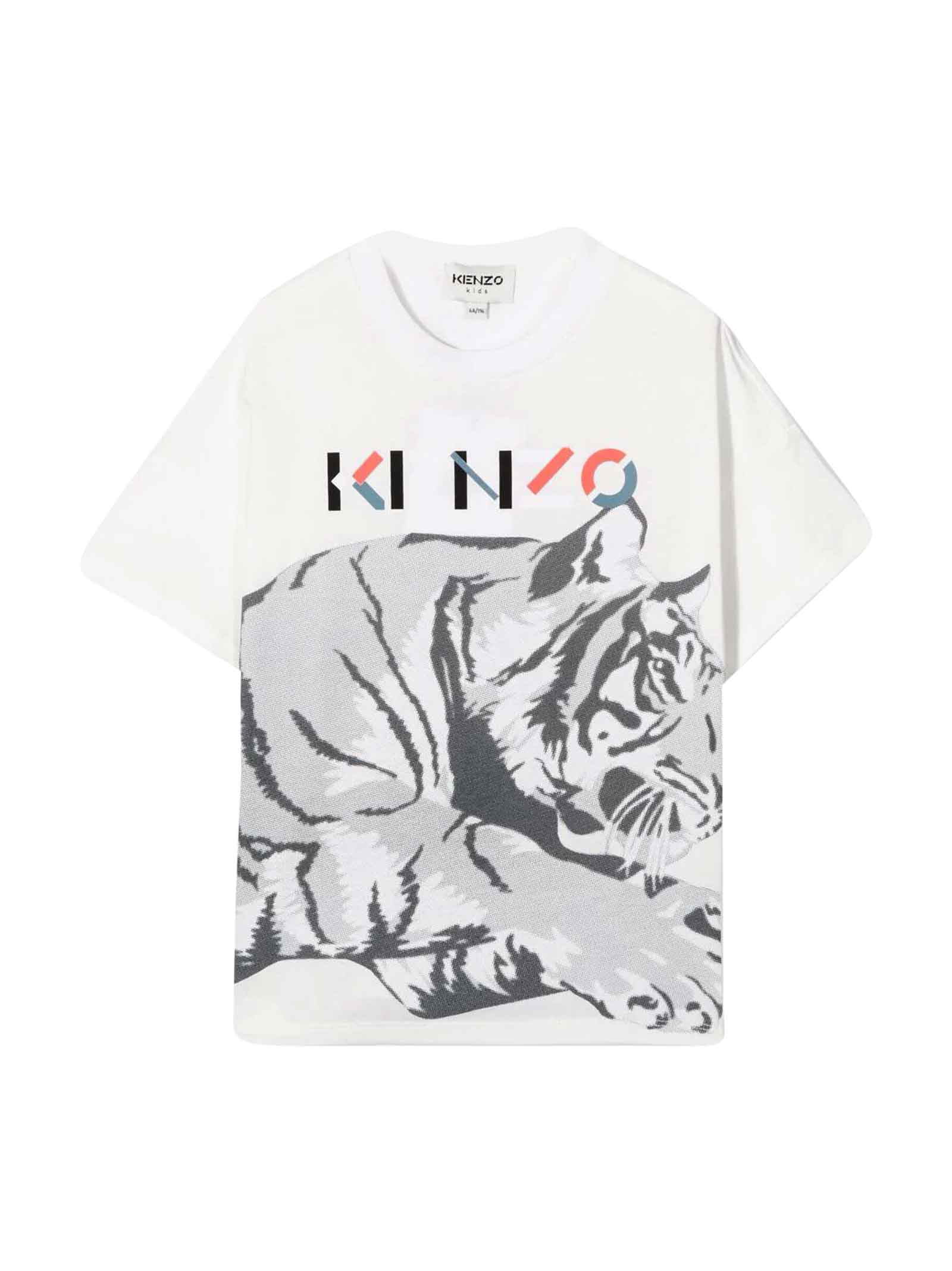Kenzo Kids White Boy T-shirt With Tiger Print And Logo On The Chest, Crew Neck And Short Sleeves By.