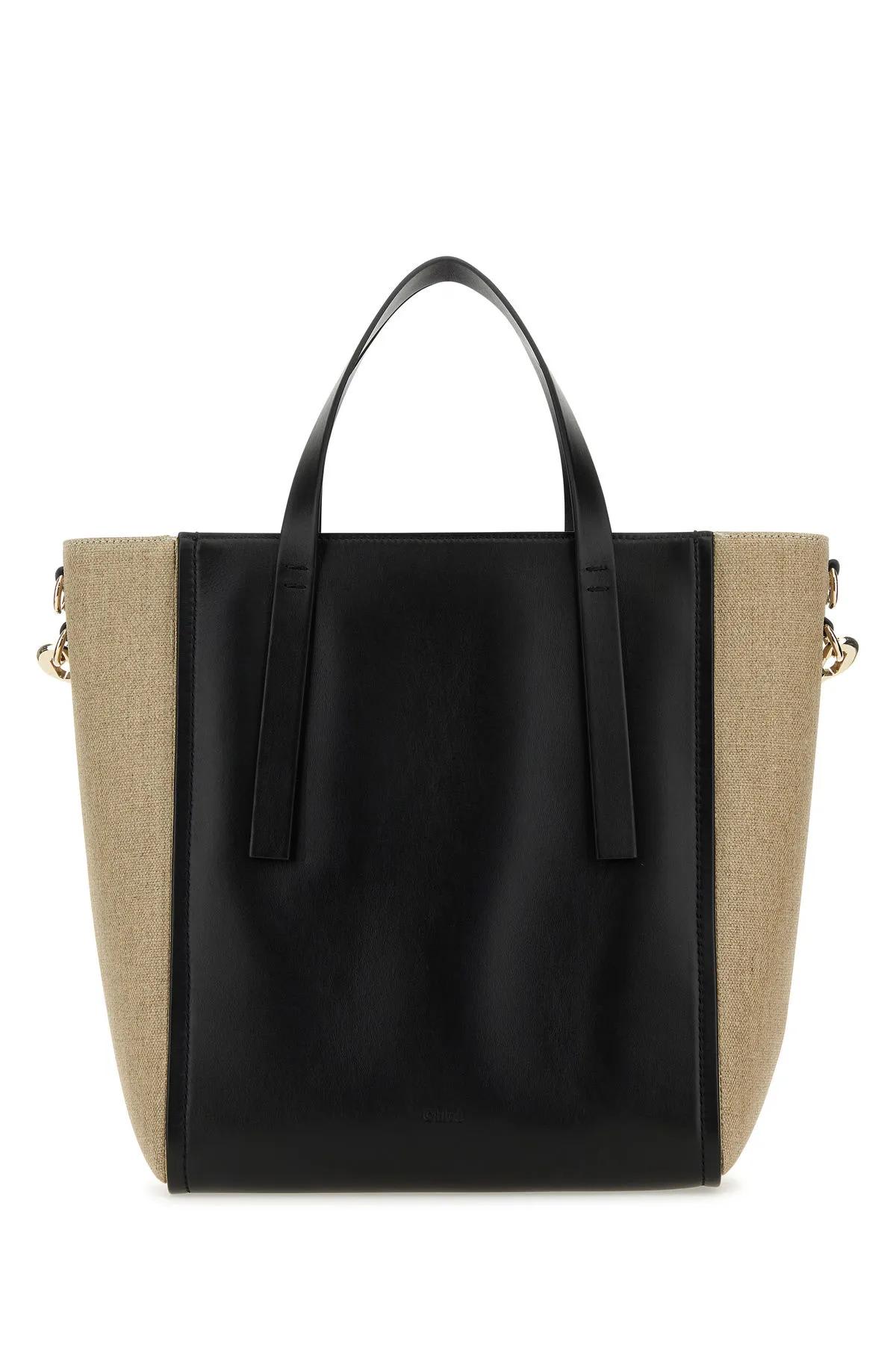 Shop Chloé Two-tone Canvas And Leather Medium Sense Shopping Bag In Black