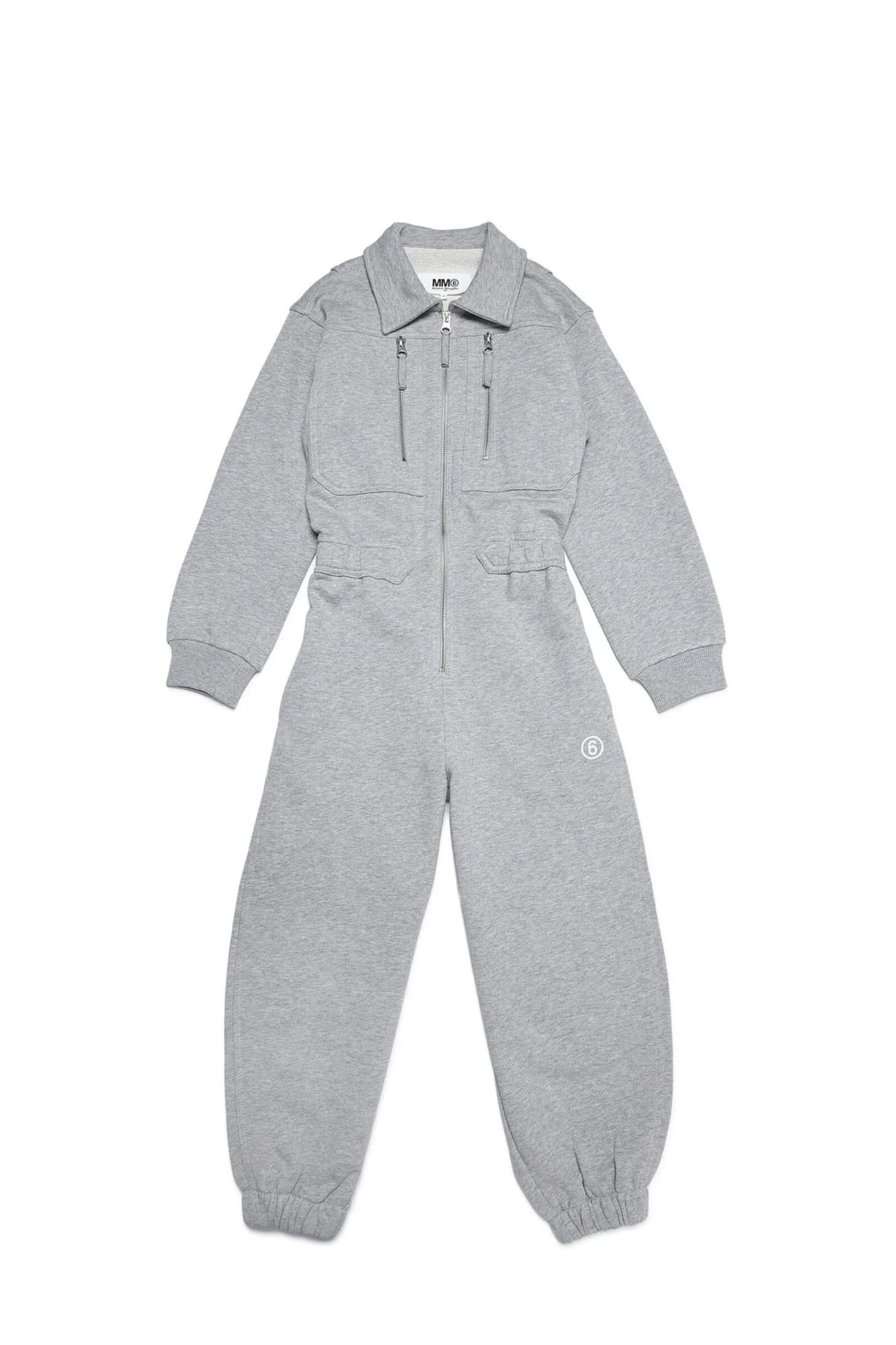 Mm6 Maison Margiela Long-sleeve Gray Cotton Fleece Jumpsuit In Gray