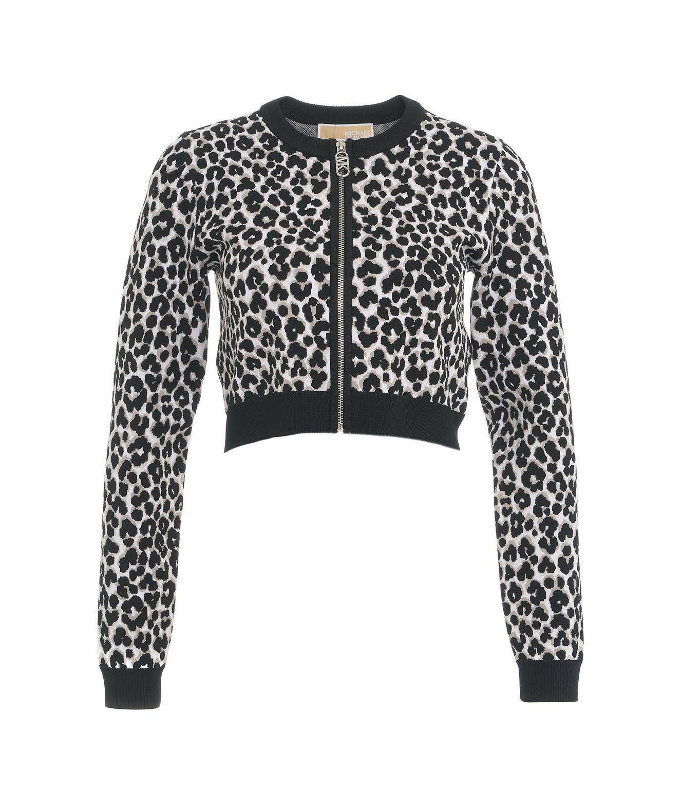 Shop Michael Kors Michael Leopard Jacquard Knit Zip Cardigan In Nero-leopardato