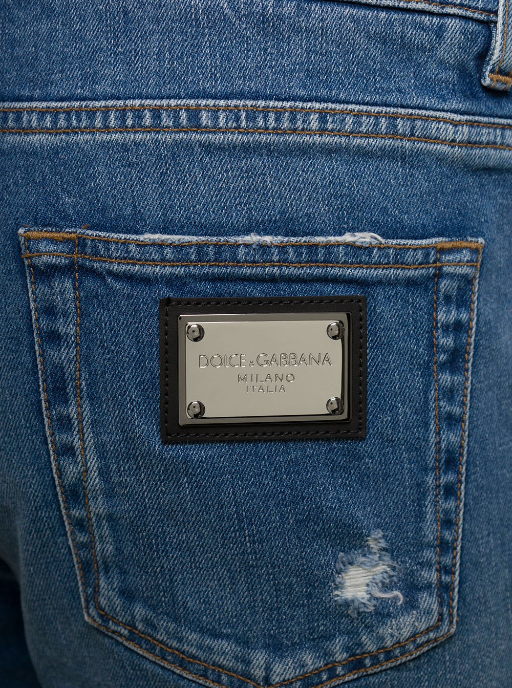 Shop Dolce & Gabbana Light Blue Five-pockets Slim Jeans With Logo Plaque In Stretch Cotton Denim Man