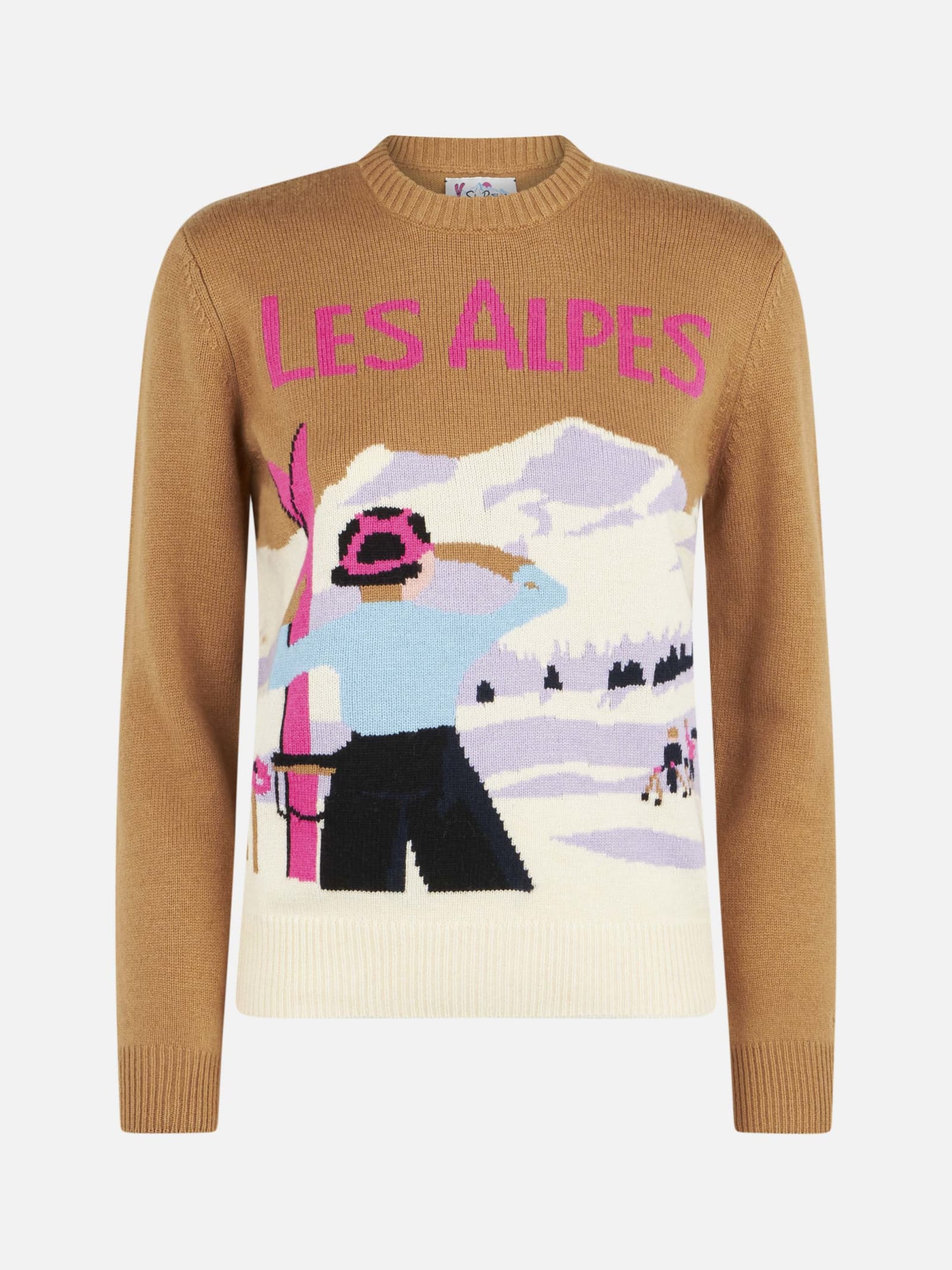 Shop Mc2 Saint Barth Woman Crewneck Brown Sweater With Les Alpes Embroidery