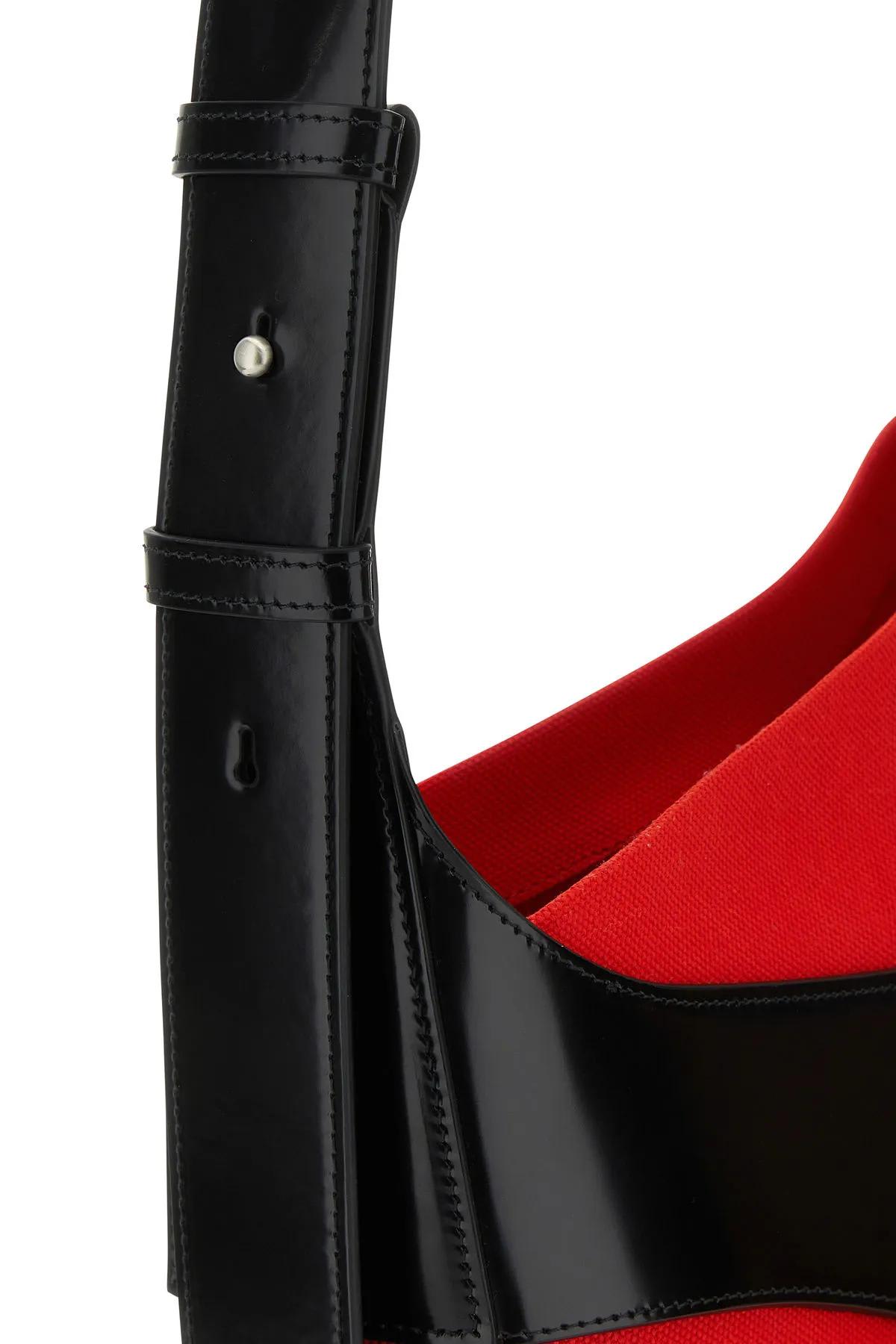 FERRAGAMO TWO-TONE LEATHER AND CANVAS CUT OUT L SHOULDER BAG