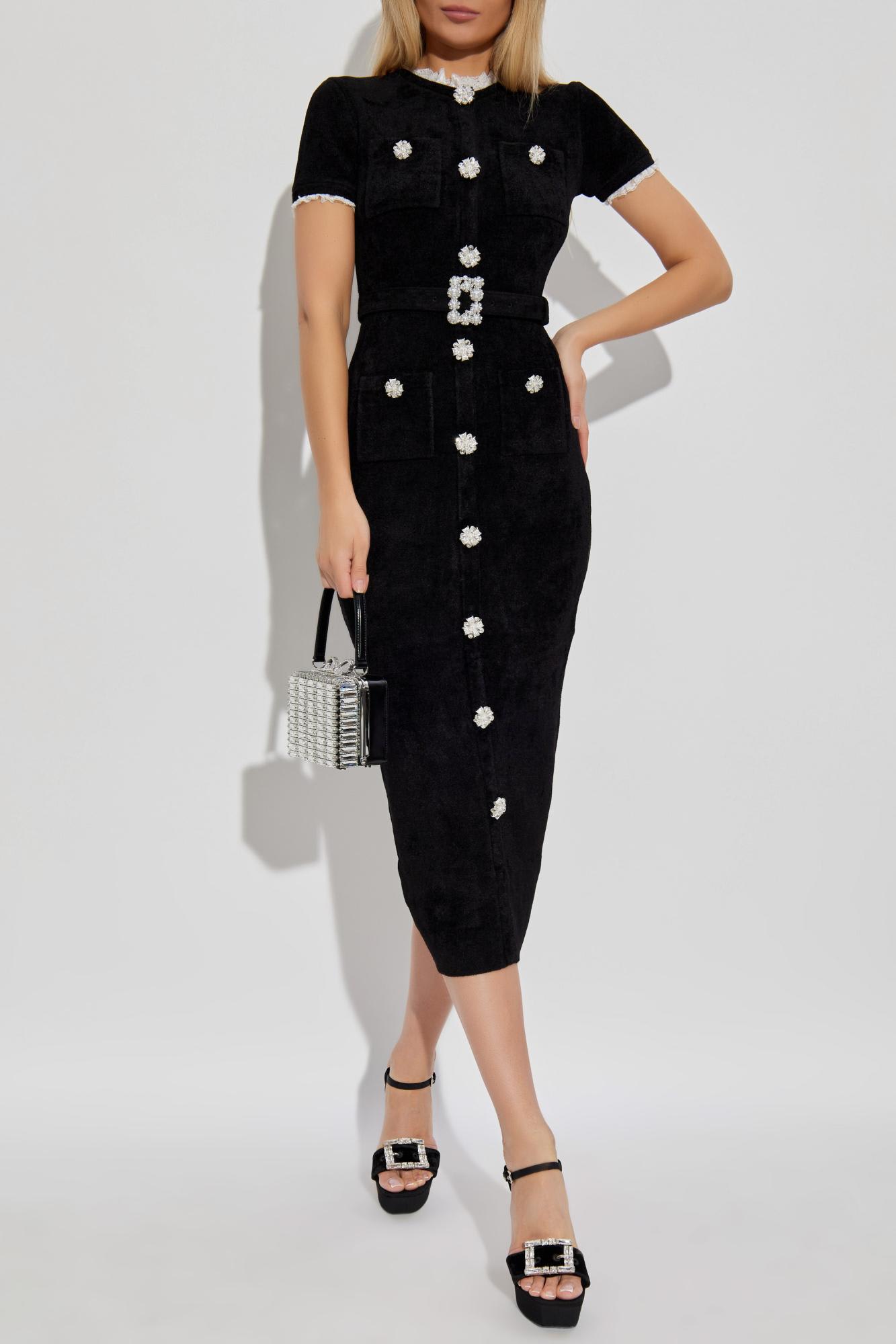 Self-portrait Womens Black Crystal-embellished Lace-trim Chenille-knit Midi Dress In Black