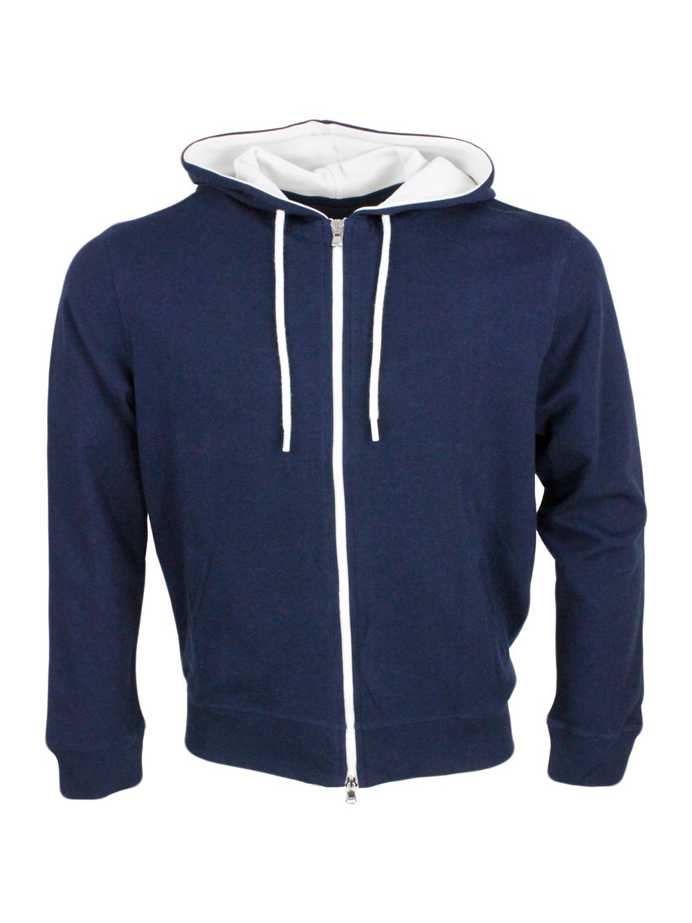 Barba Napoli Lightweight Stretch Cotton Sweatshirt With Hood With Contrasting Color Interior And Zip Closure In Blu