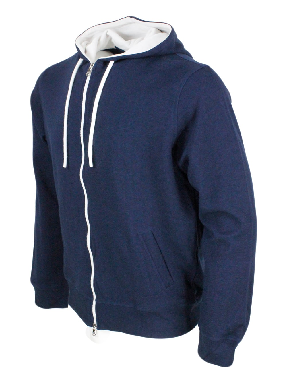 Shop Barba Napoli Lightweight Stretch Cotton Sweatshirt With Hood With Contrasting Color Interior And Zip Closure In Blu