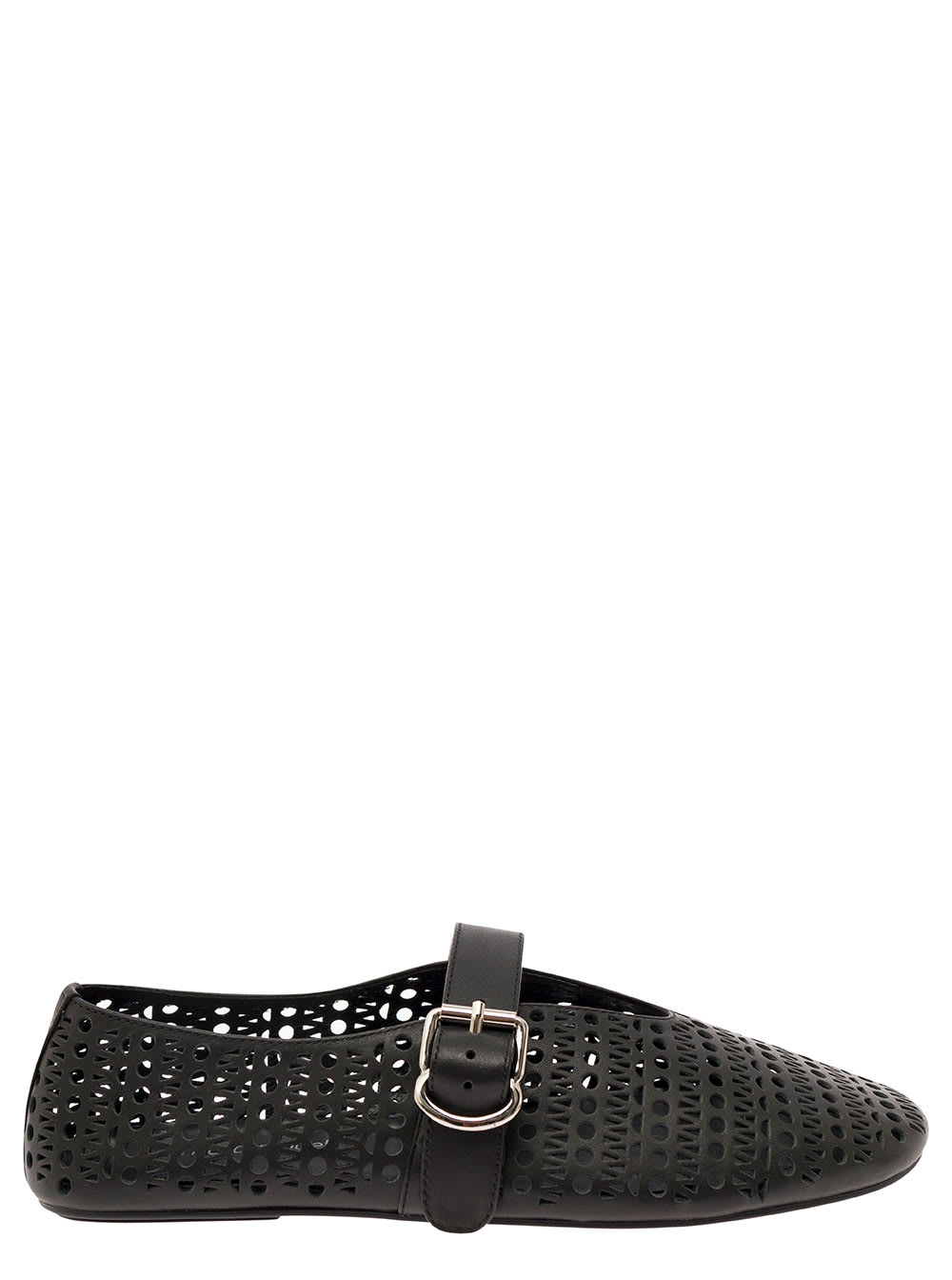JEFFREY CAMPBELL SHELLY BLACK BALLET FLATS WITH MAXI BUCKLE IN LACE EFFECT LEATHER WOMAN