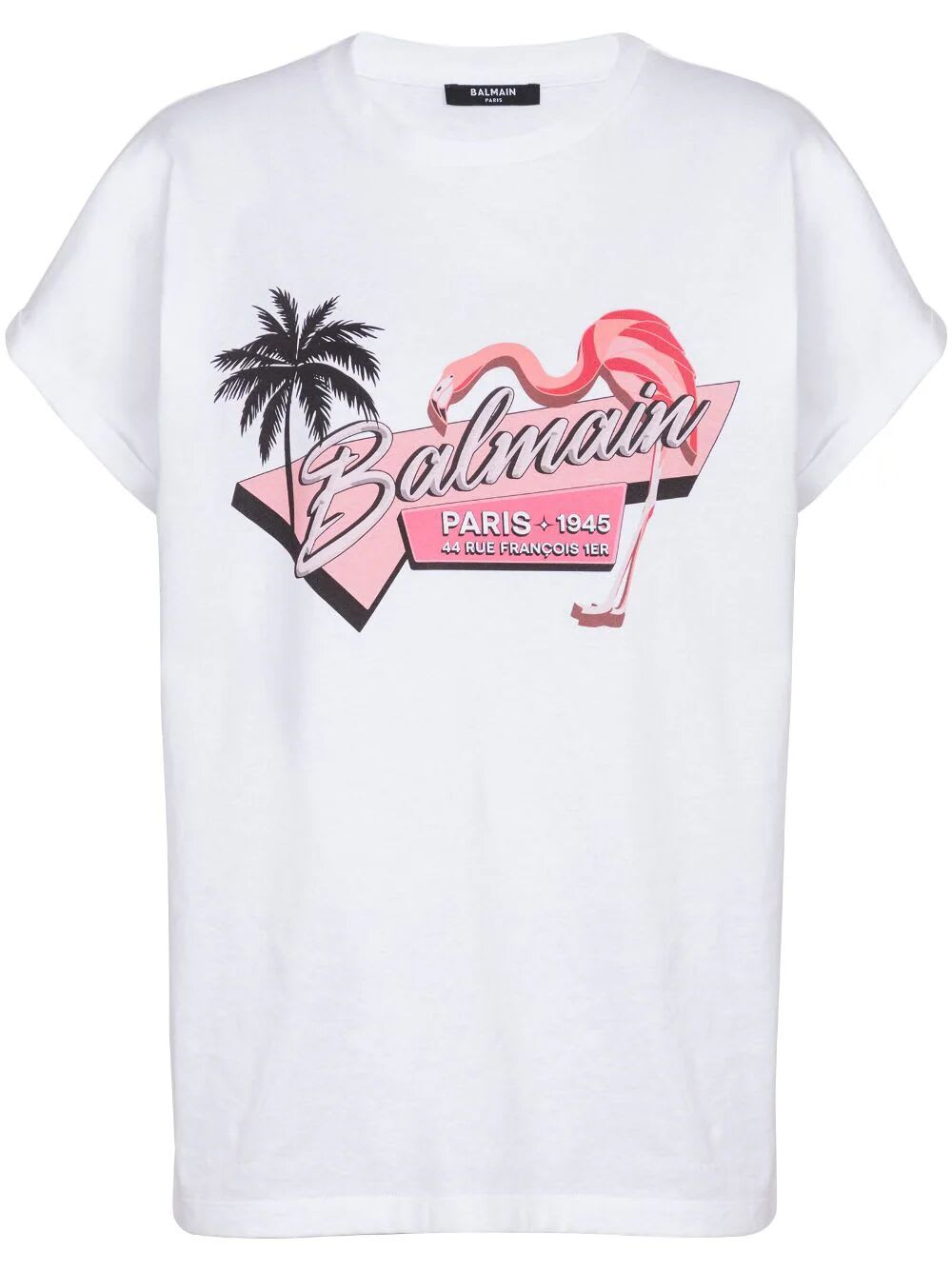 Shop Balmain Flamingo Print T-shirt In Gcs Blanc Multico