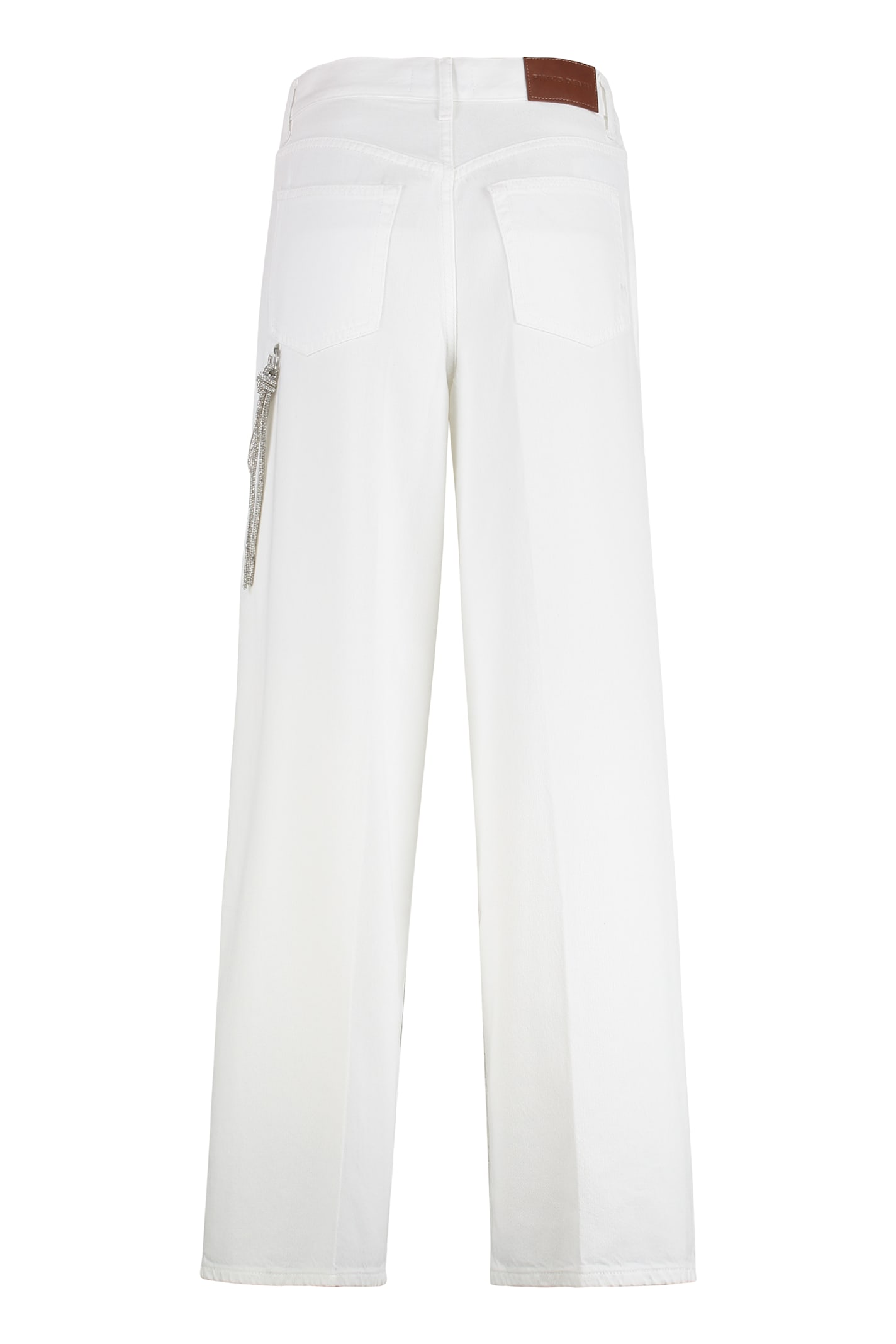 Pinko White Pants With Logo Patch On The Back And Chain Detail With Rhinestones