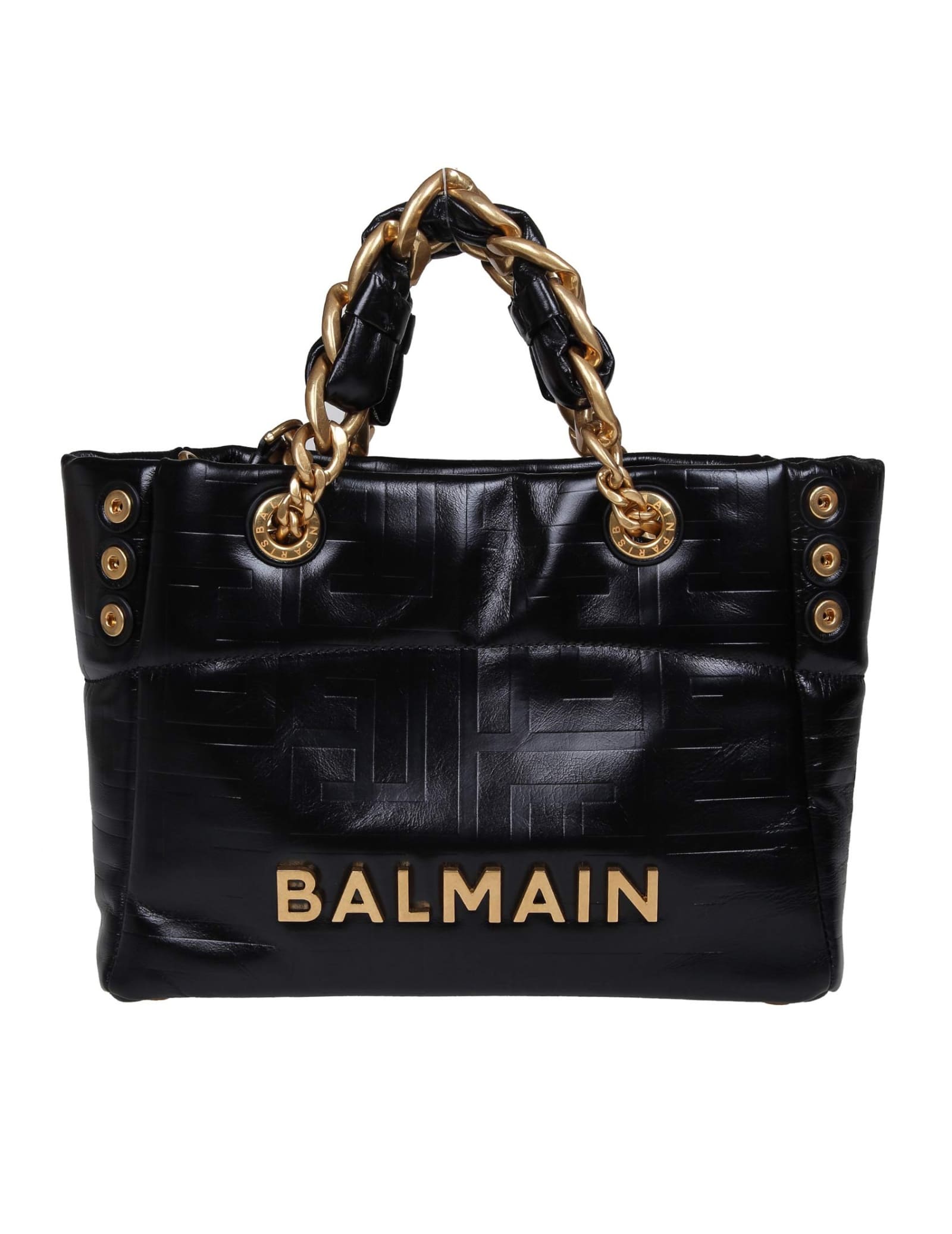 Shop Balmain 1945 Shopper Bag In Soft Leather With Embossed Monogramm In Noir