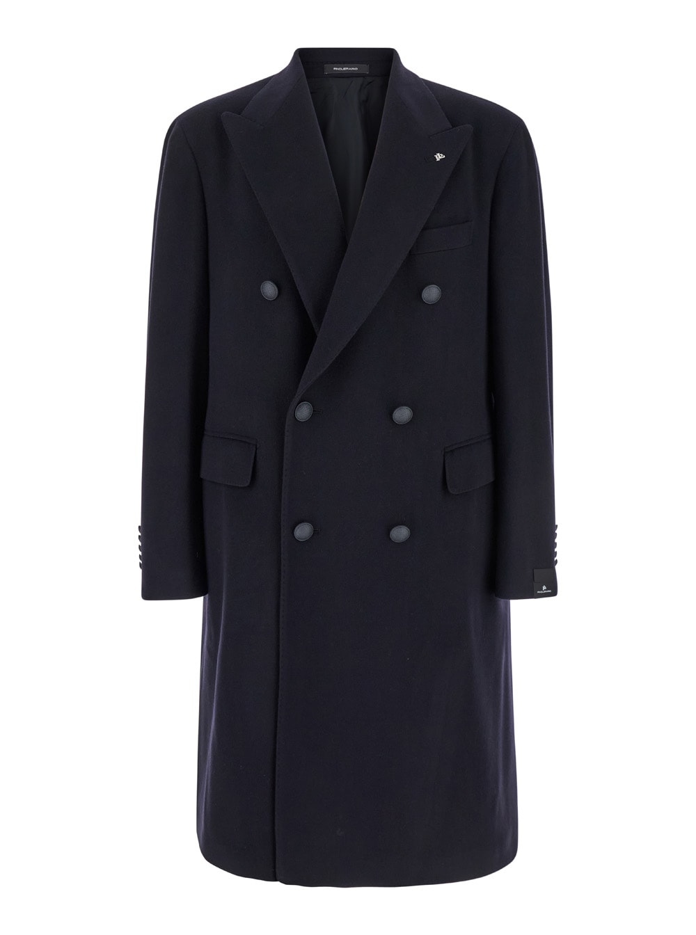 Shop Tagliatore Londra Blue Double-breasted Coat With Logo Detail On Revers In Wool Blend Man