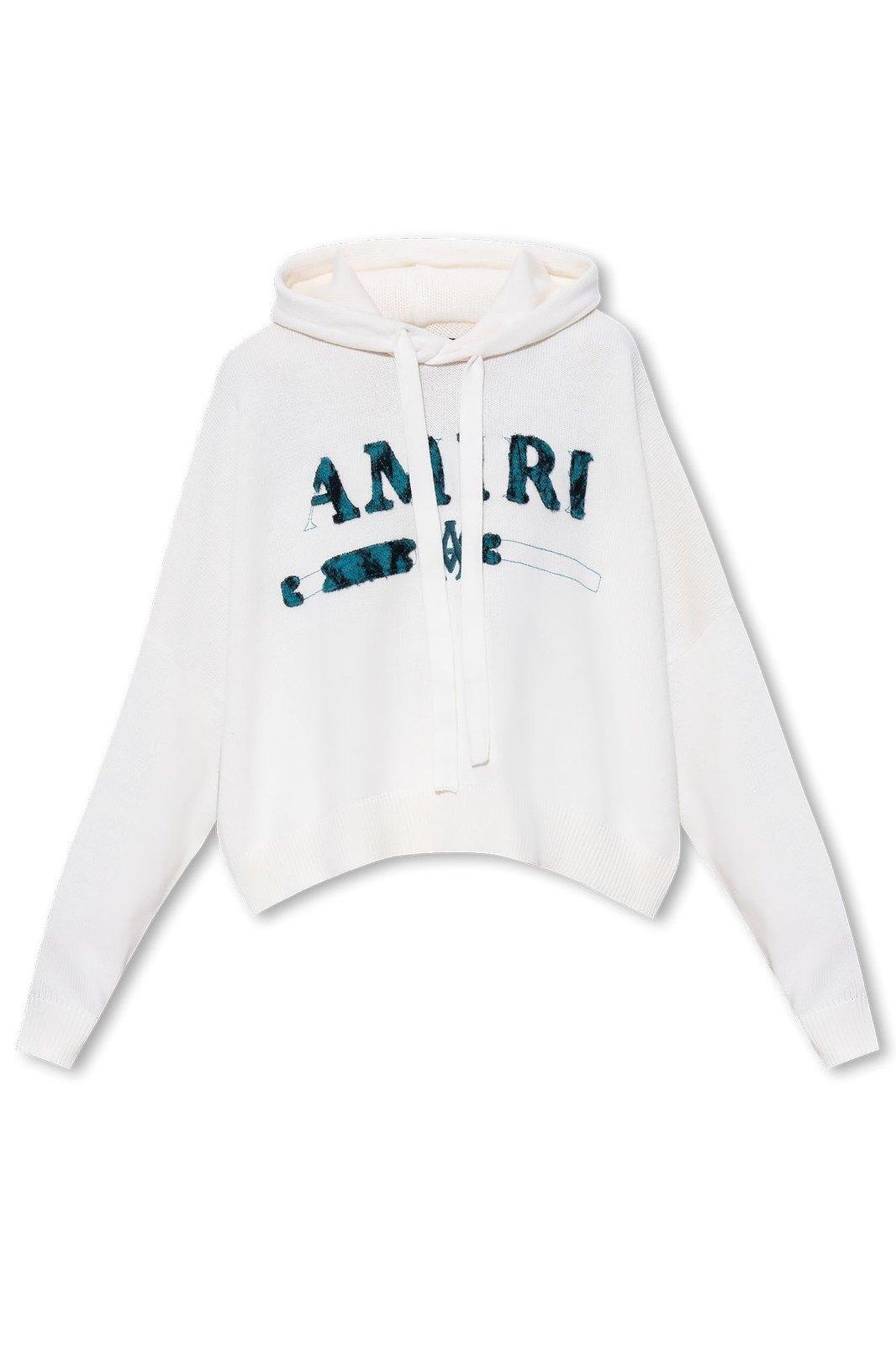Shop Amiri Logo Patch Knitted Drawstring Hoodie In White