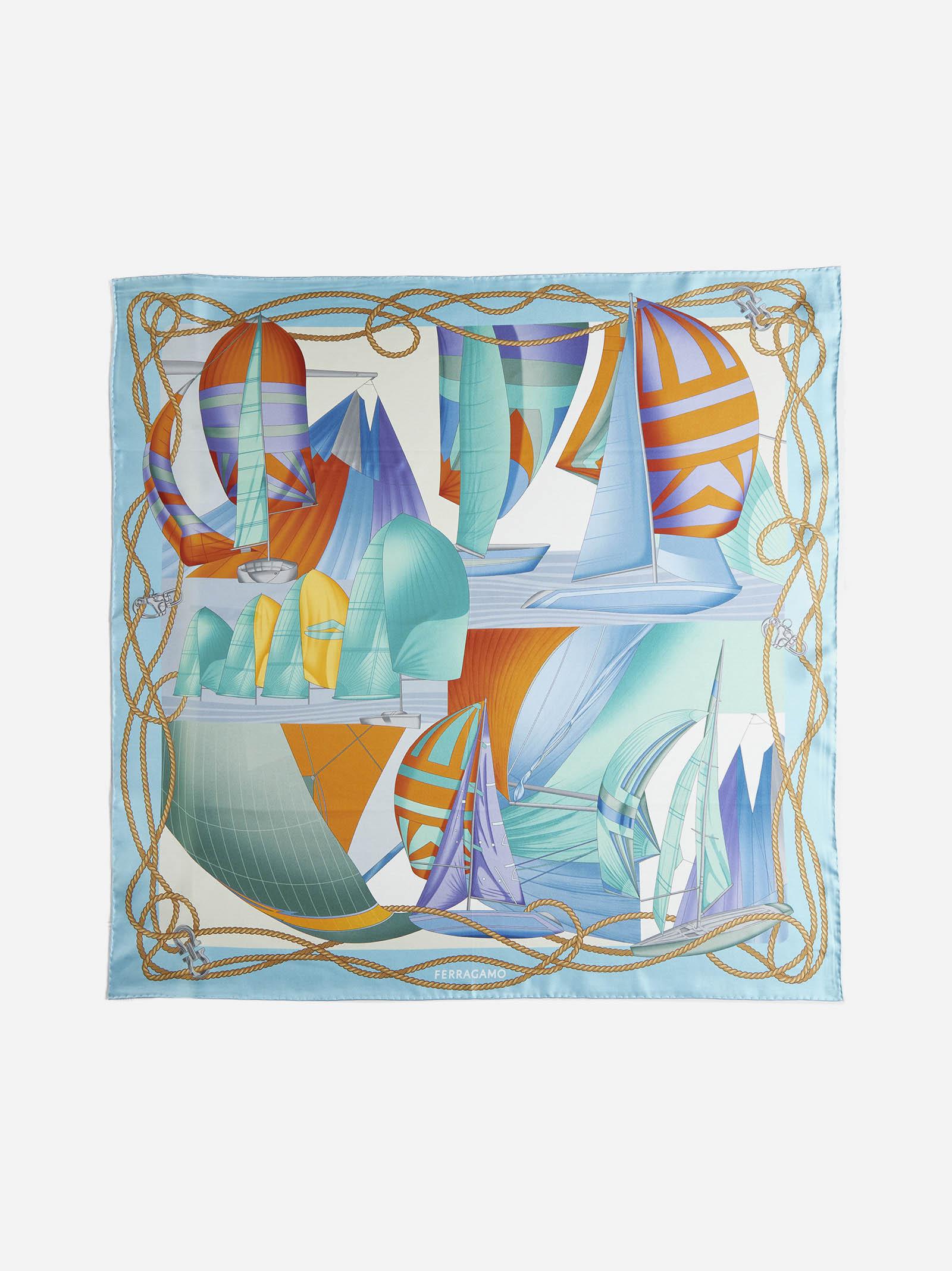 Shop Ferragamo Sails Print Silk Scarf In Blue