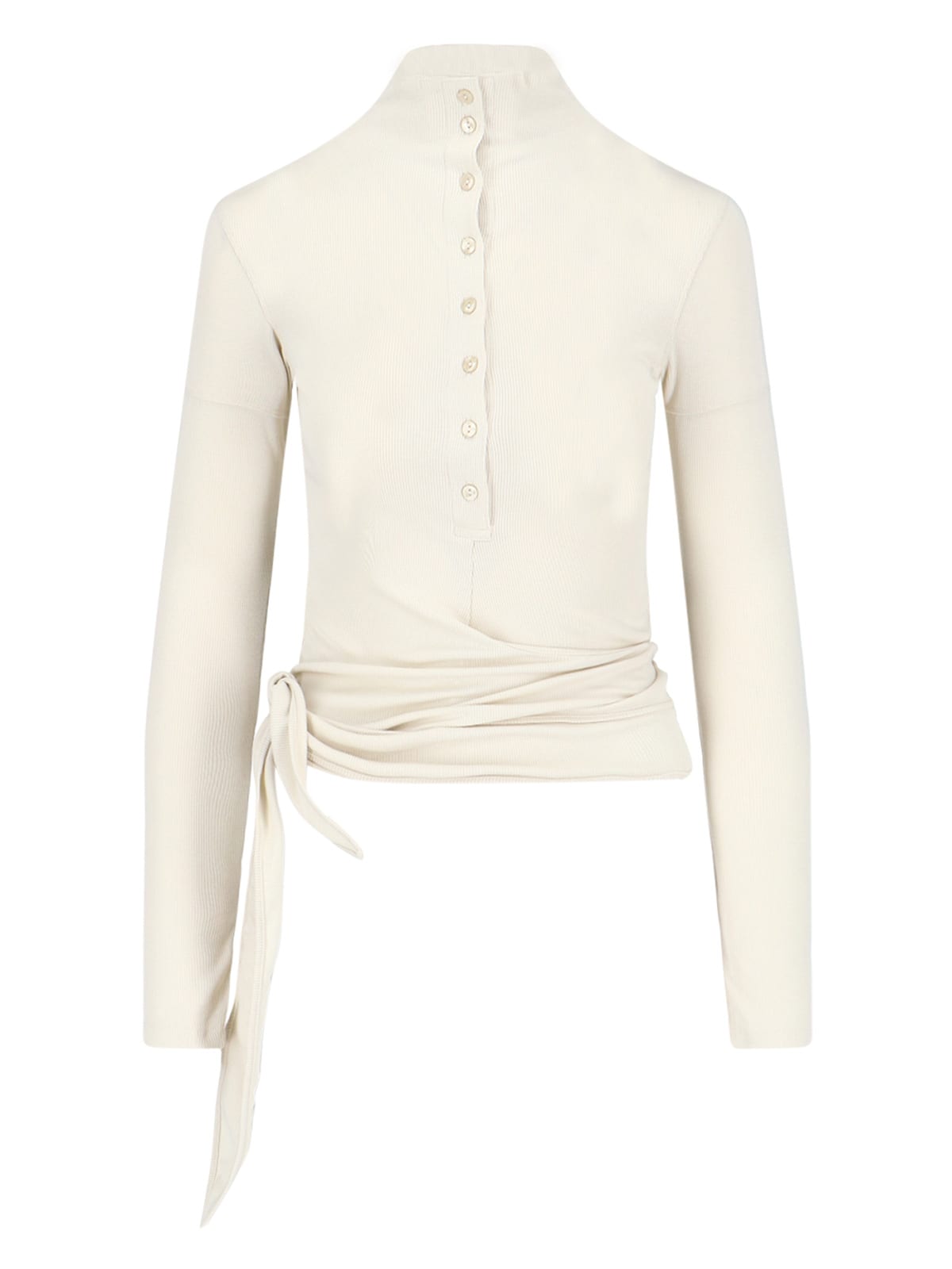 Low Classic Long Sleeve High Neck Top With Buttons In White