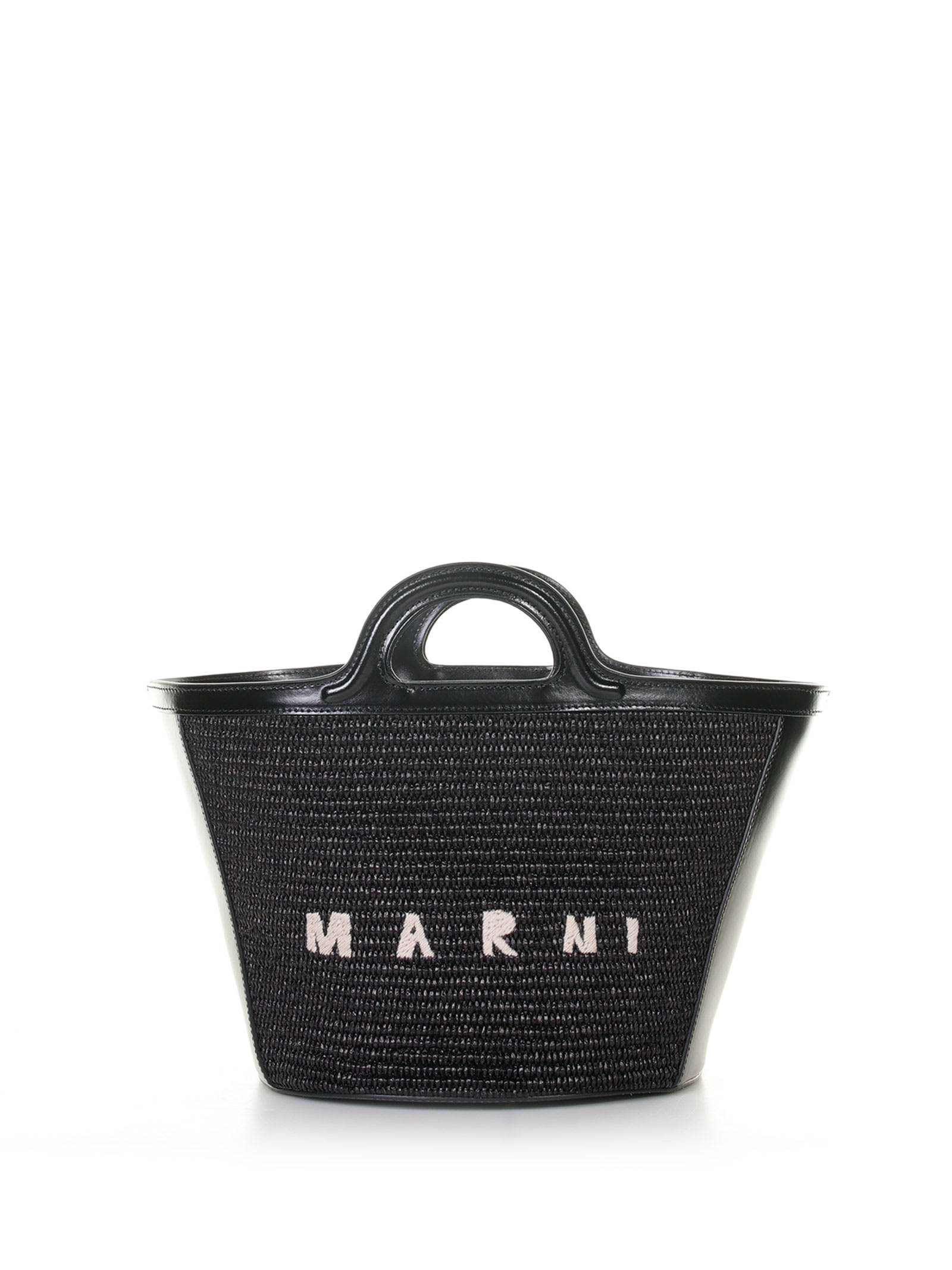 Shop Marni Small Tropicalia Bag In Leather And Raffia Effect Fabric In Black