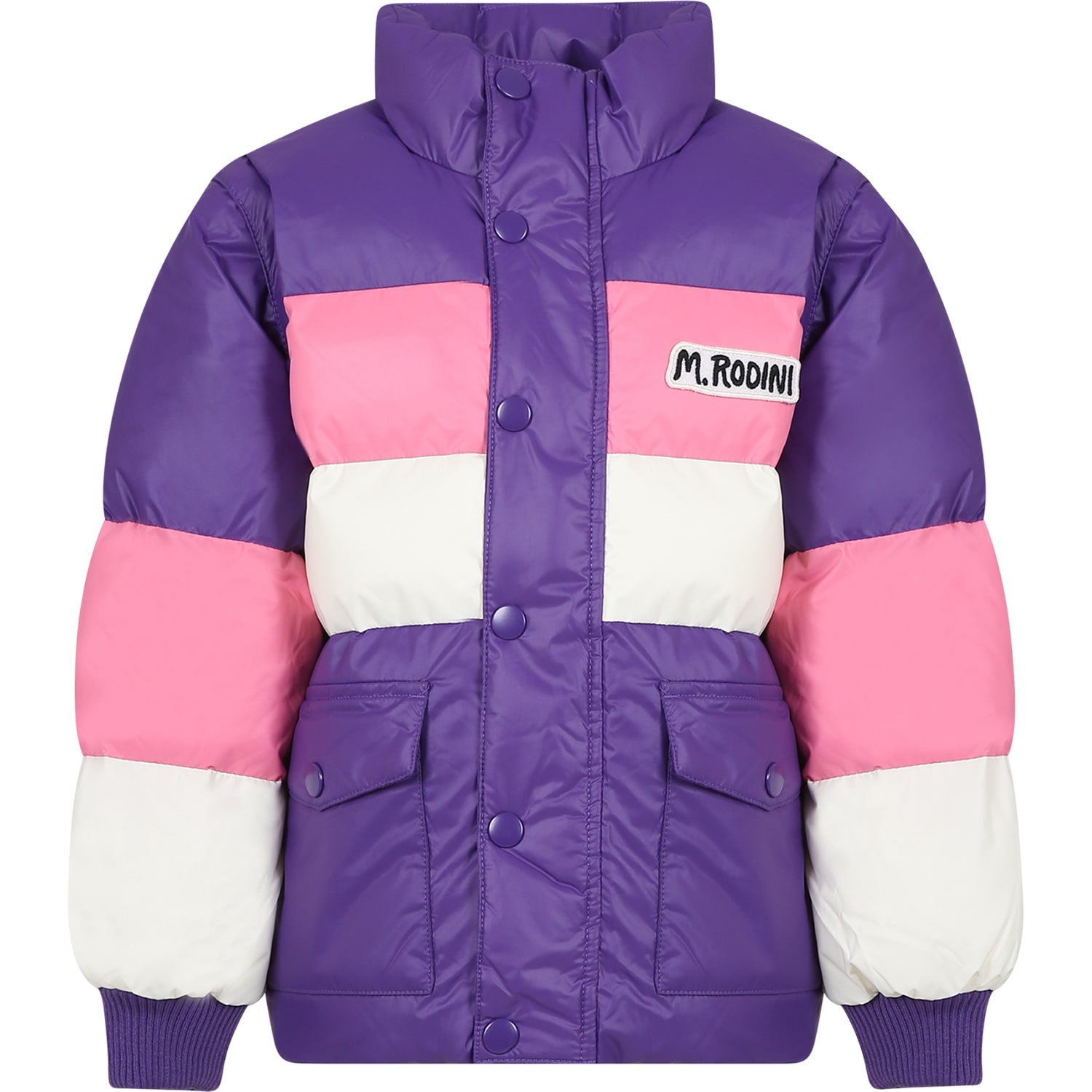Mini Rodini Purple Down Jacket For Girl With Logo In Violet