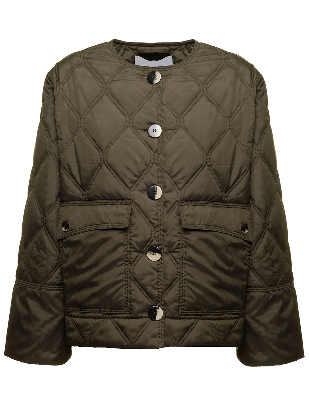 Ganni Army Green Ripstop Quilted Crop Jacket Woman