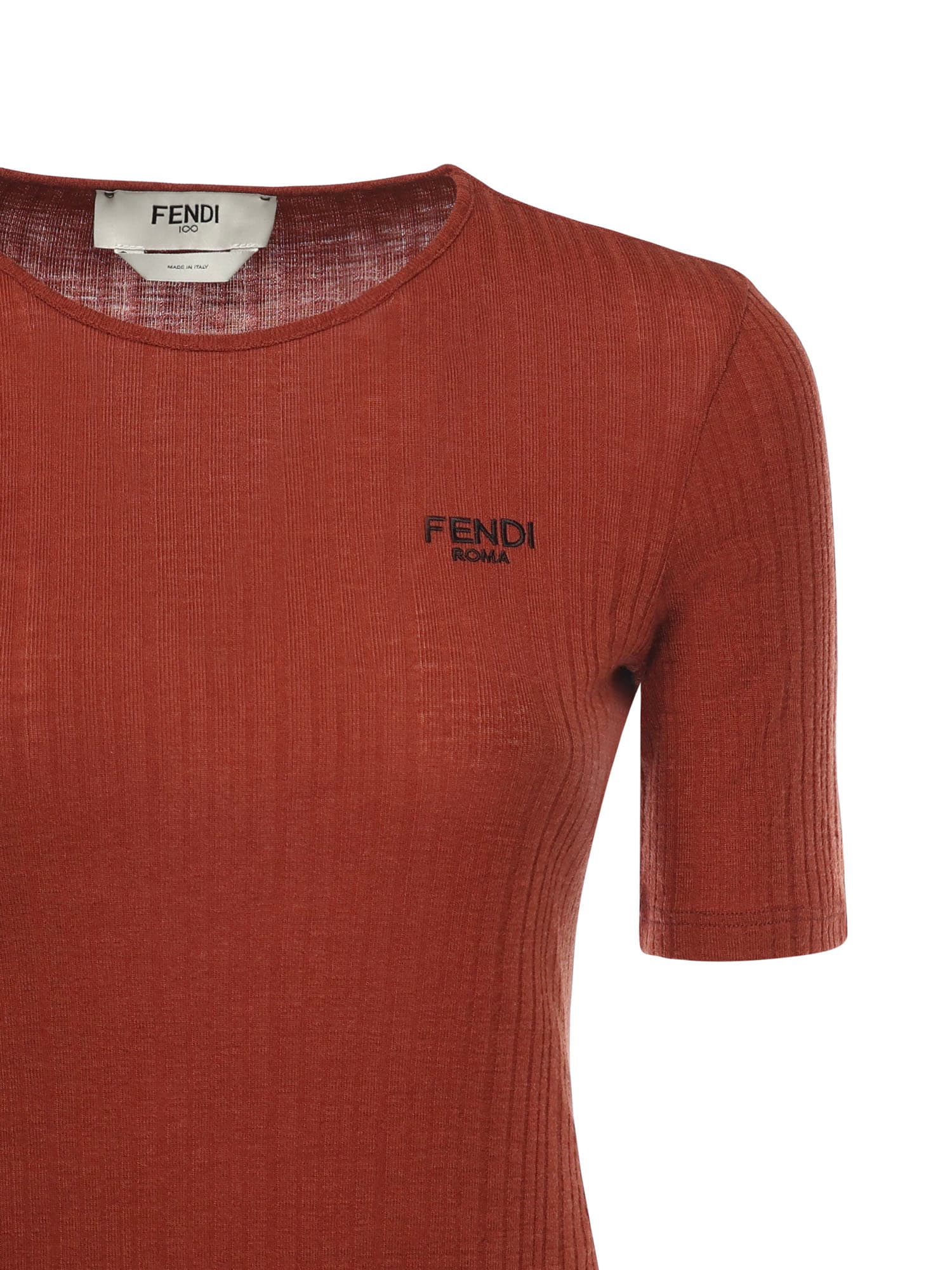 Fendi Short-sleeved Wool Sweater With Logo In Brown