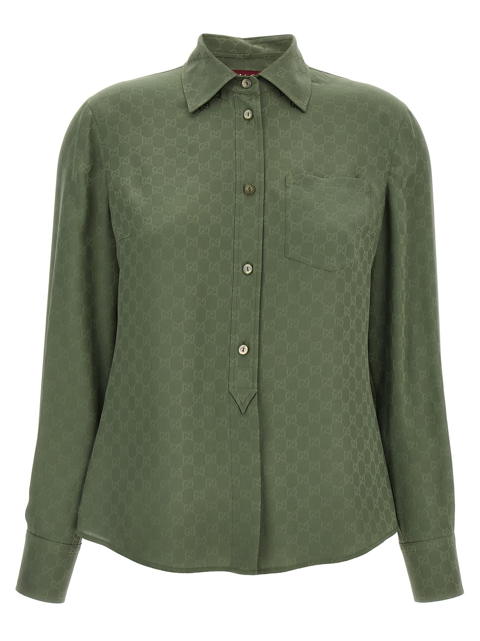 Gucci Monogram Pattern Long Sleeve Silk Top In Gray