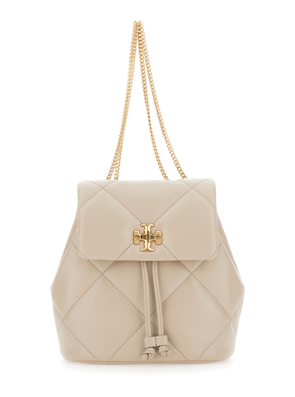 Tory Burch Kira Beige Backpack With Metallic Logo Plate On The Front In Quilted Leather Woman In Sand