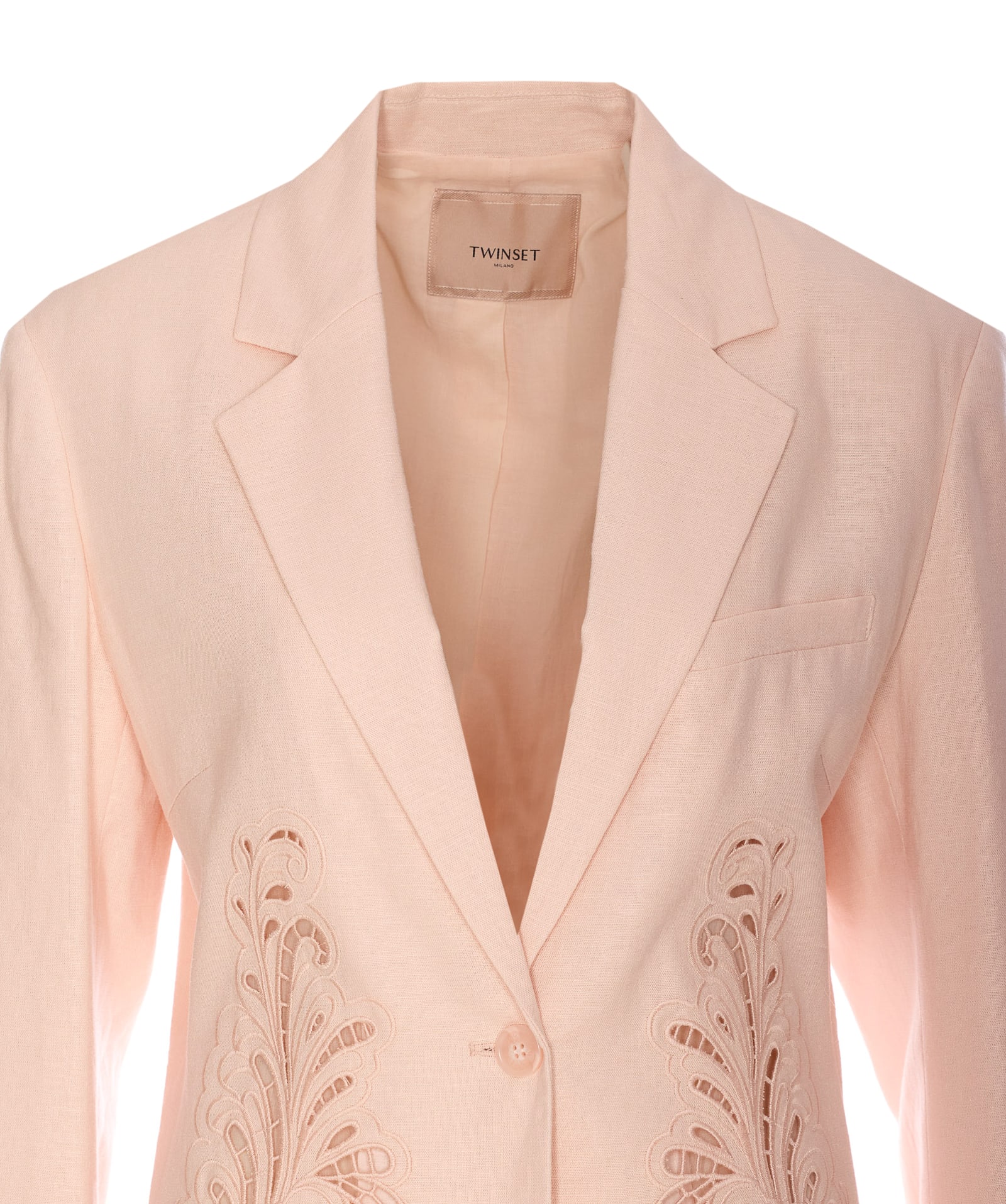 Twinset Mixed Linen Blazer With Embroidery In Baby Pink