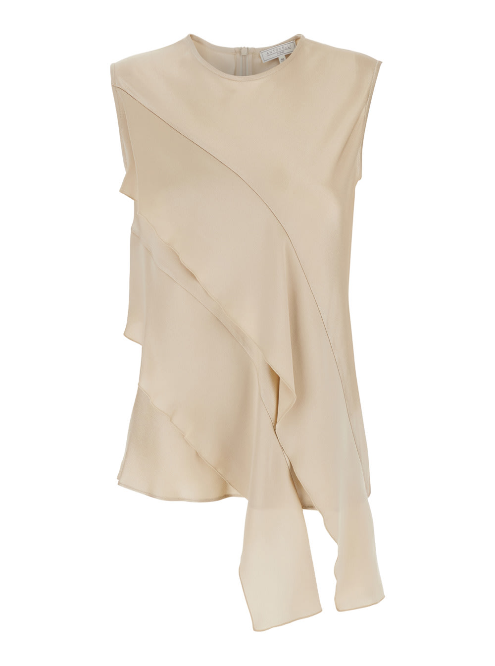 viterbo Beige Crewneck Top With Front Asymmetric Ruffle In Satin Woman