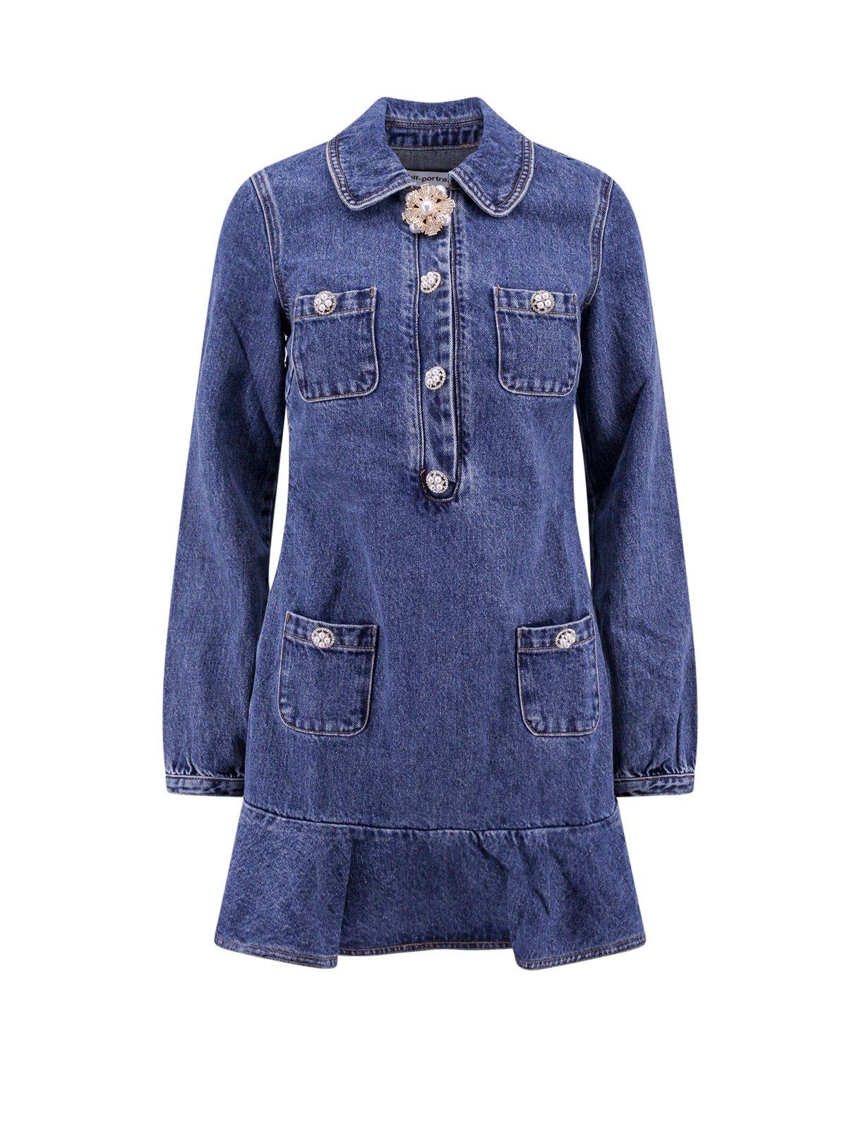 self-portrait デニムフレアドレス Self Portrait Flared Denim Mini Dress Blue FARFETCH 2025