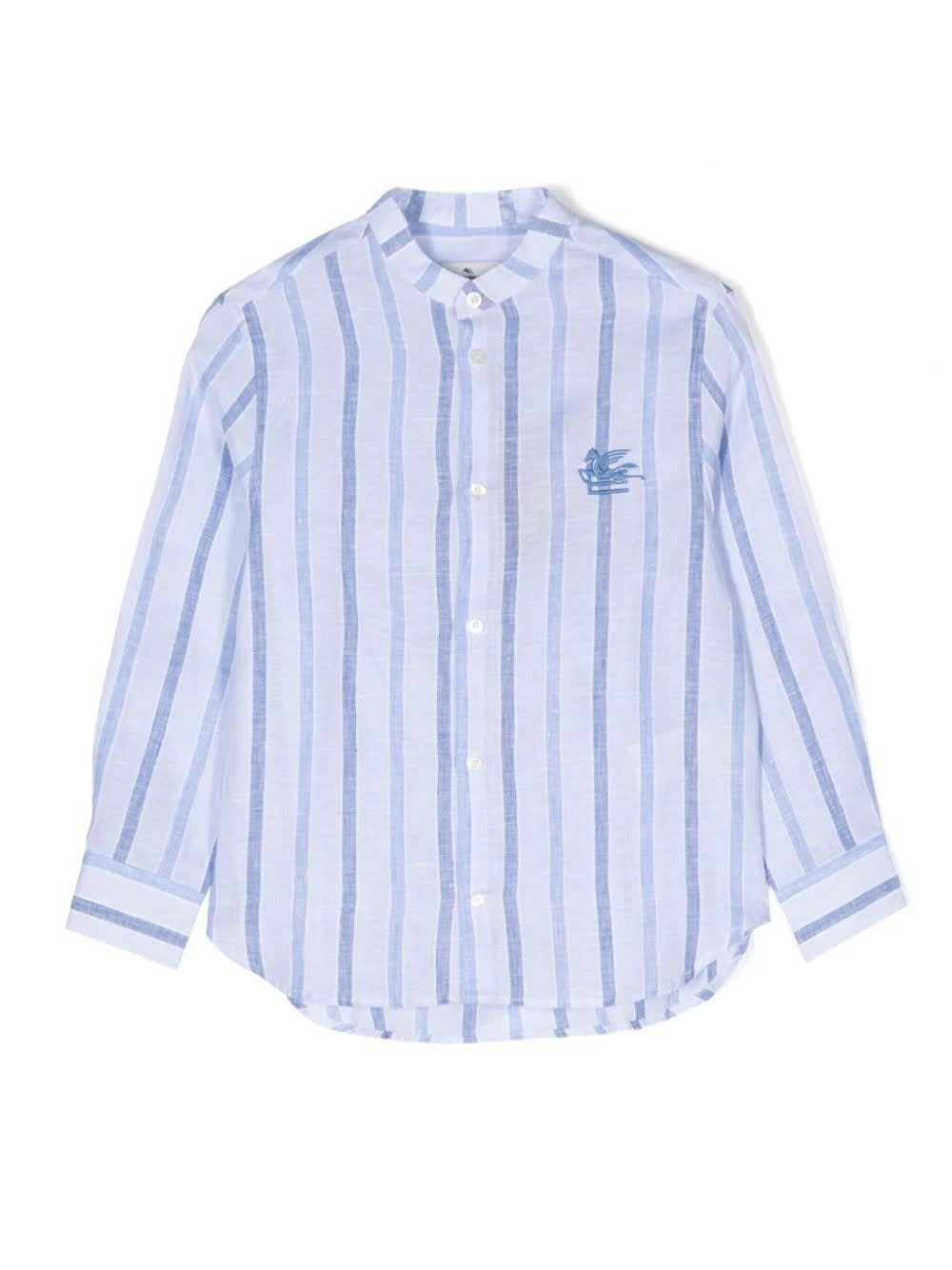 Shop Etro Light Blue Striped Linen Shirt With Logo