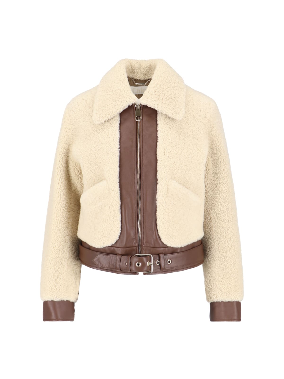 Chloé Beige And Brown Leather And Shearling Bomber Jacket