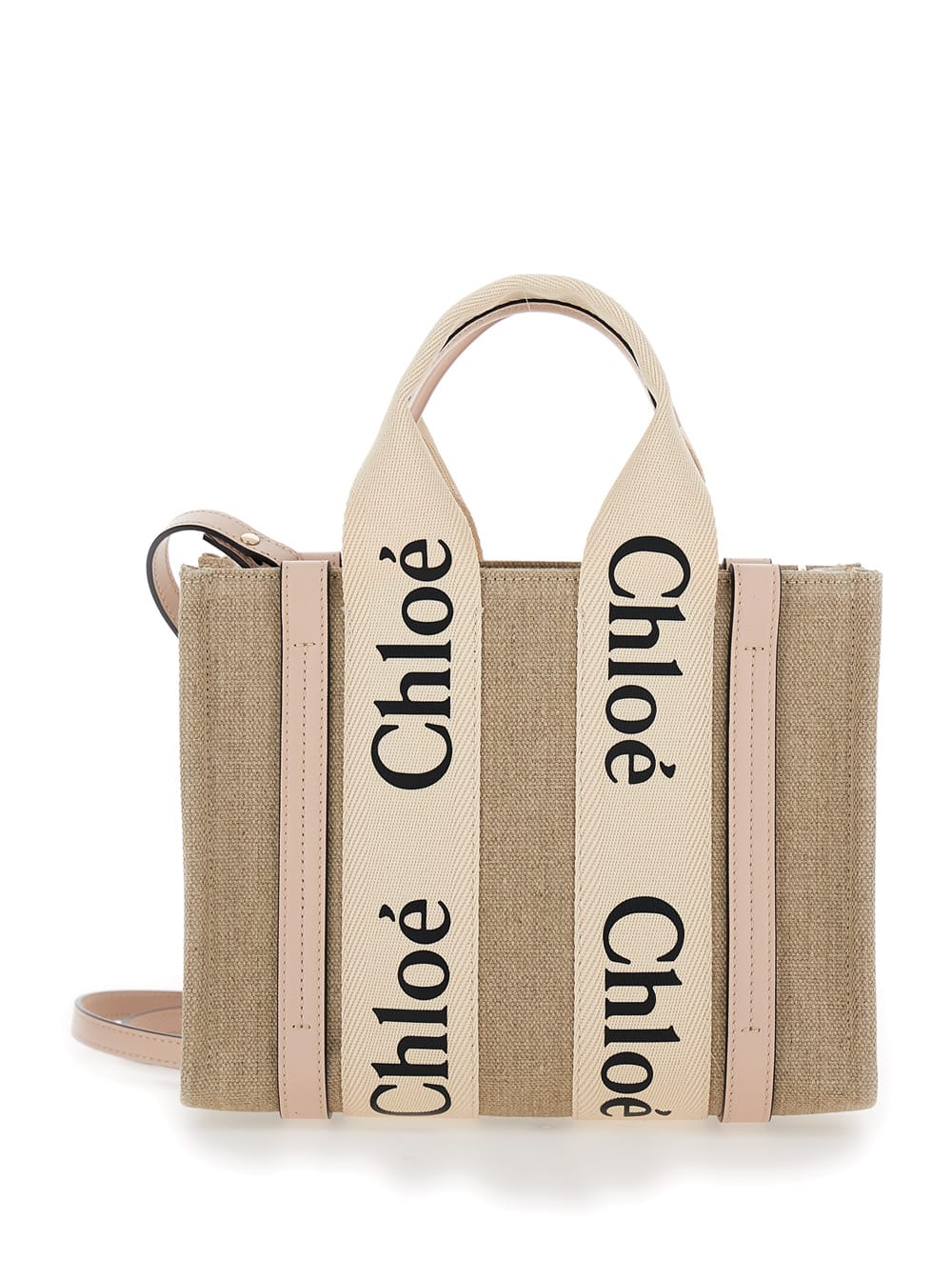 Chloé Woody Beige Tote Bag With Branded Ribbons In Canvas And Leather Woman In Sand
