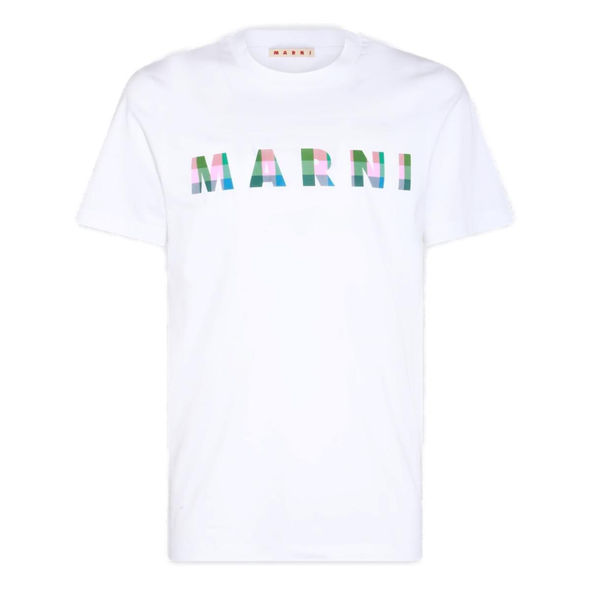 Shop Marni Gingham Logo-printed Crewneck T-shirt In Creta
