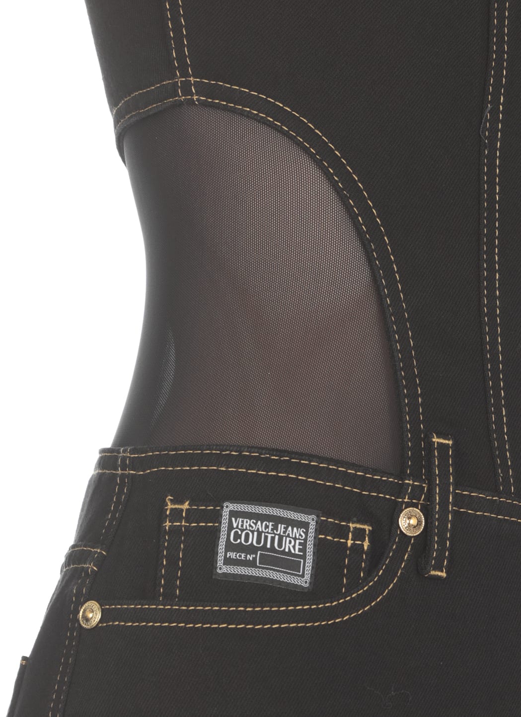 Shop Versace Jeans Couture Contrast-stitching Sleeveless Denim Dress In Black
