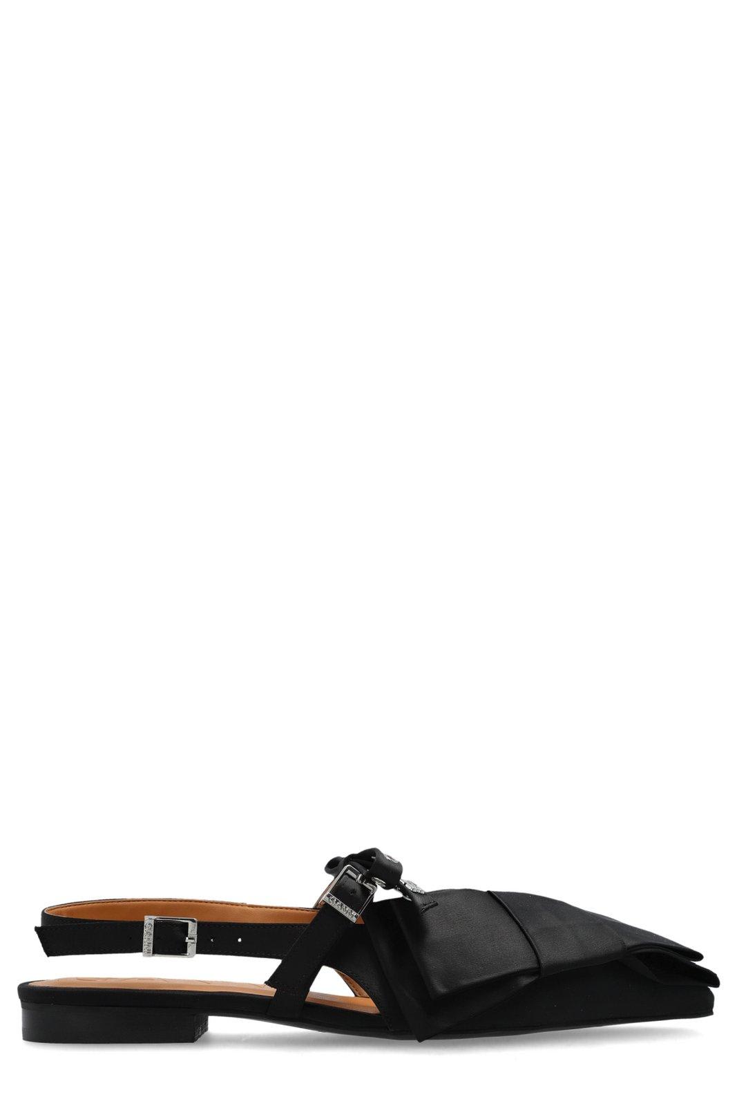 Ganni Big Bow Slingback Pointed-toe Flats In Black