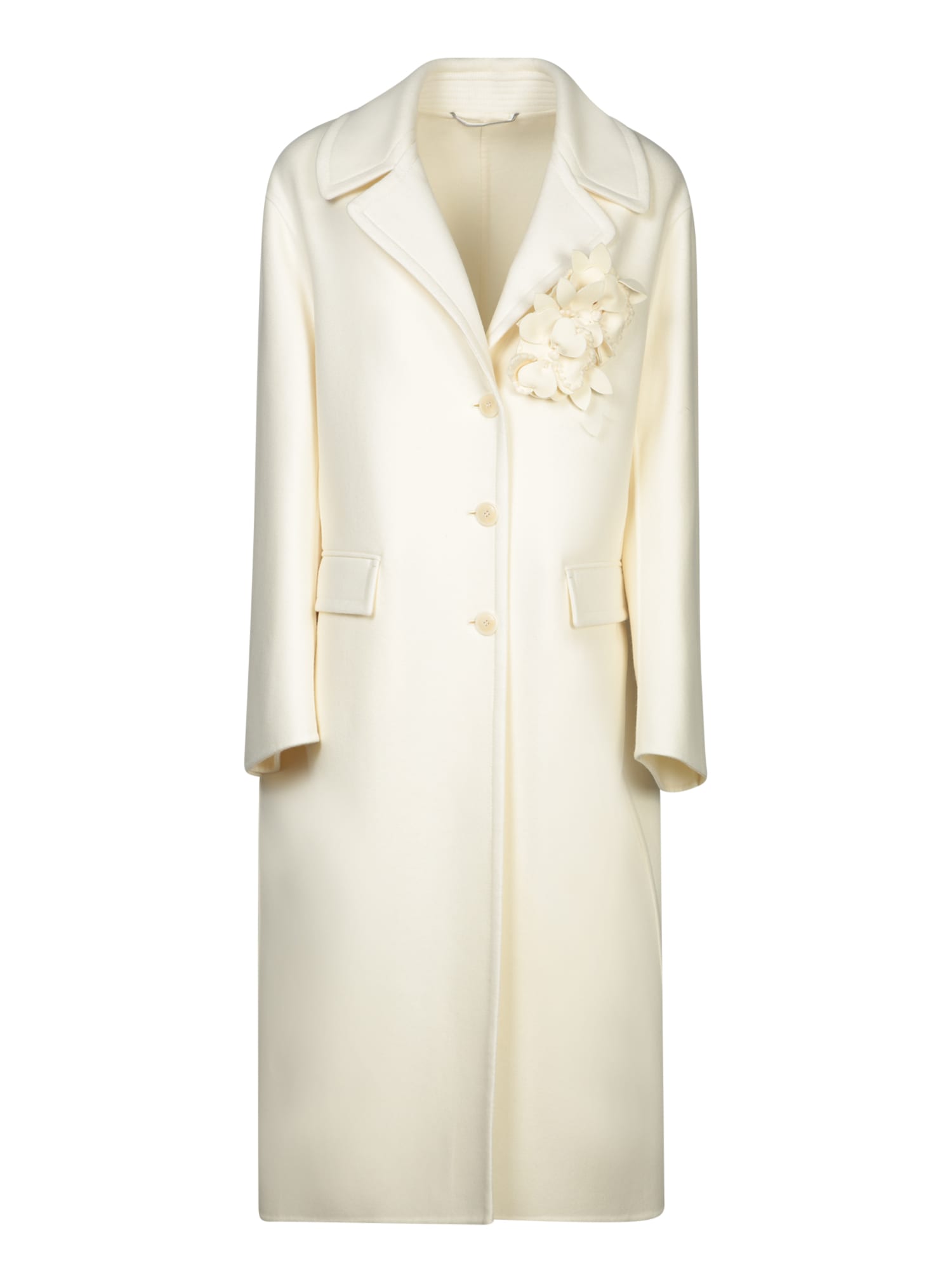 Shop Ermanno Scervino Long Ivory Coat With Floral Details In White