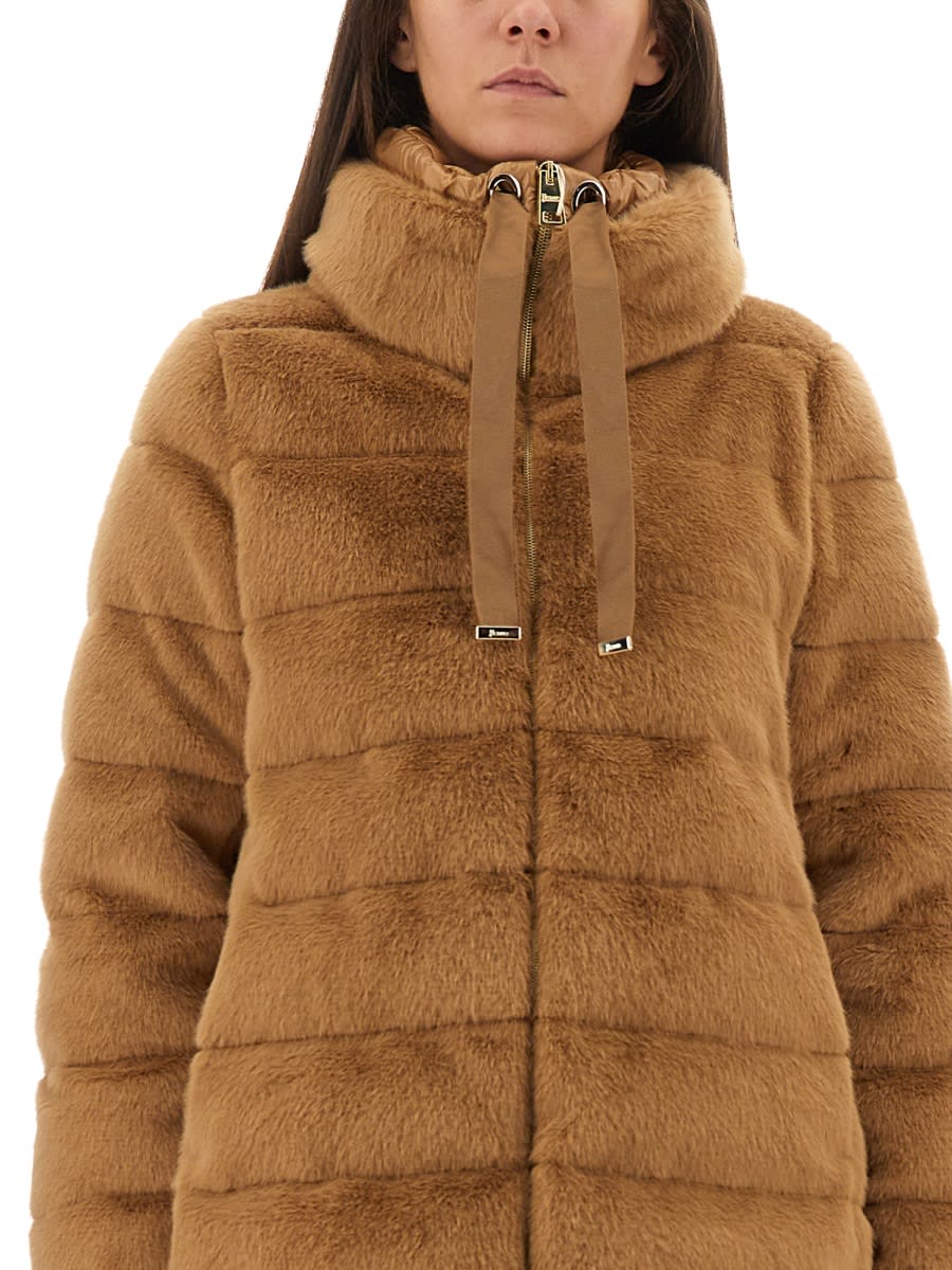 Herno Faux Fur Down Coat With High Collar In Brown