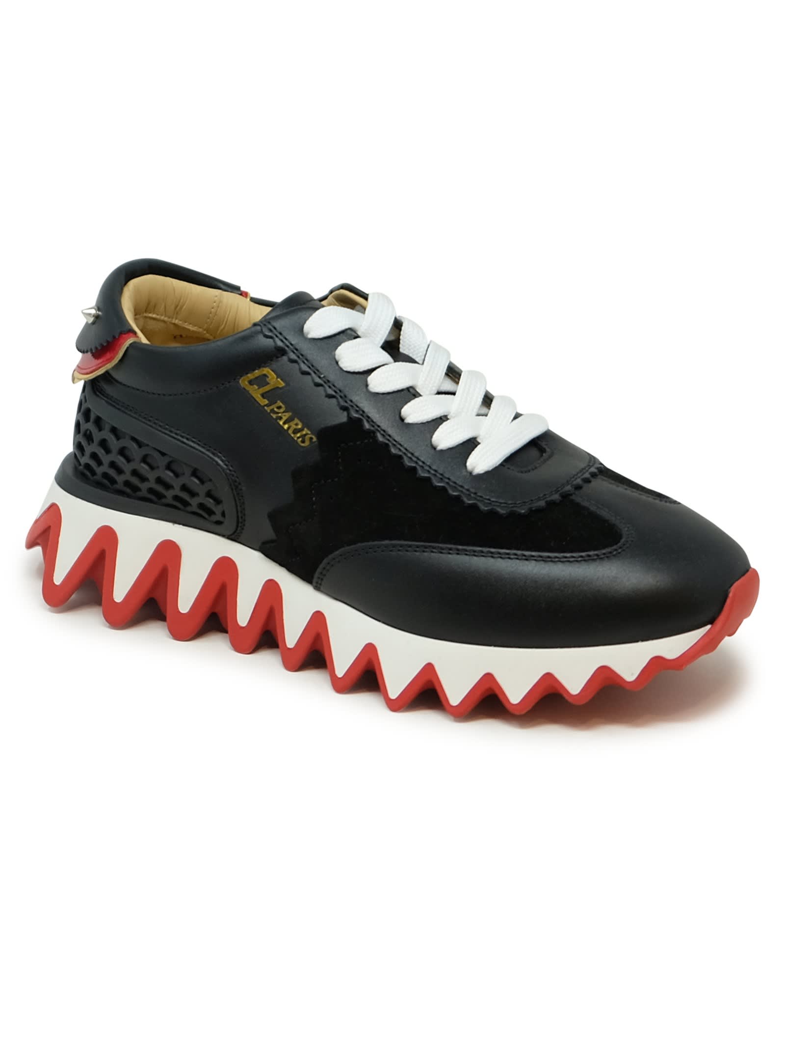 Shop Christian Louboutin Black/loubi Calf/vv/pat Loubishark Donna Flat Sneakers