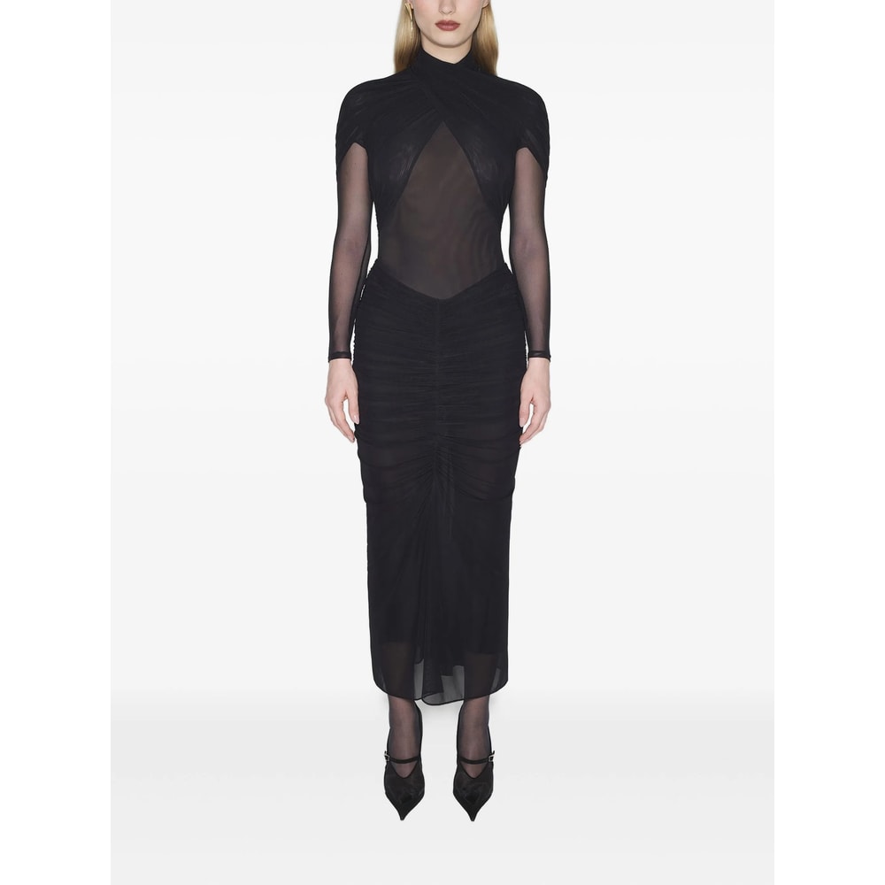 Mugler Long Sleeve Draped High Neck Top In Black