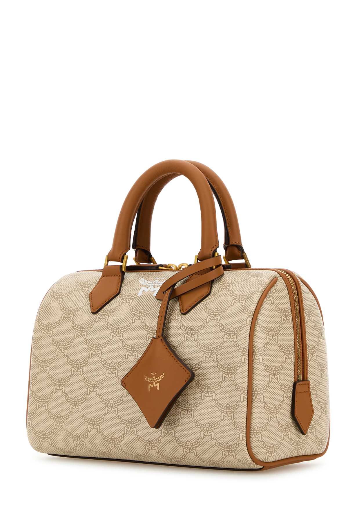 Shop Mcm Printed Canvas Ella Boston Handbag In Ss24oatmeal