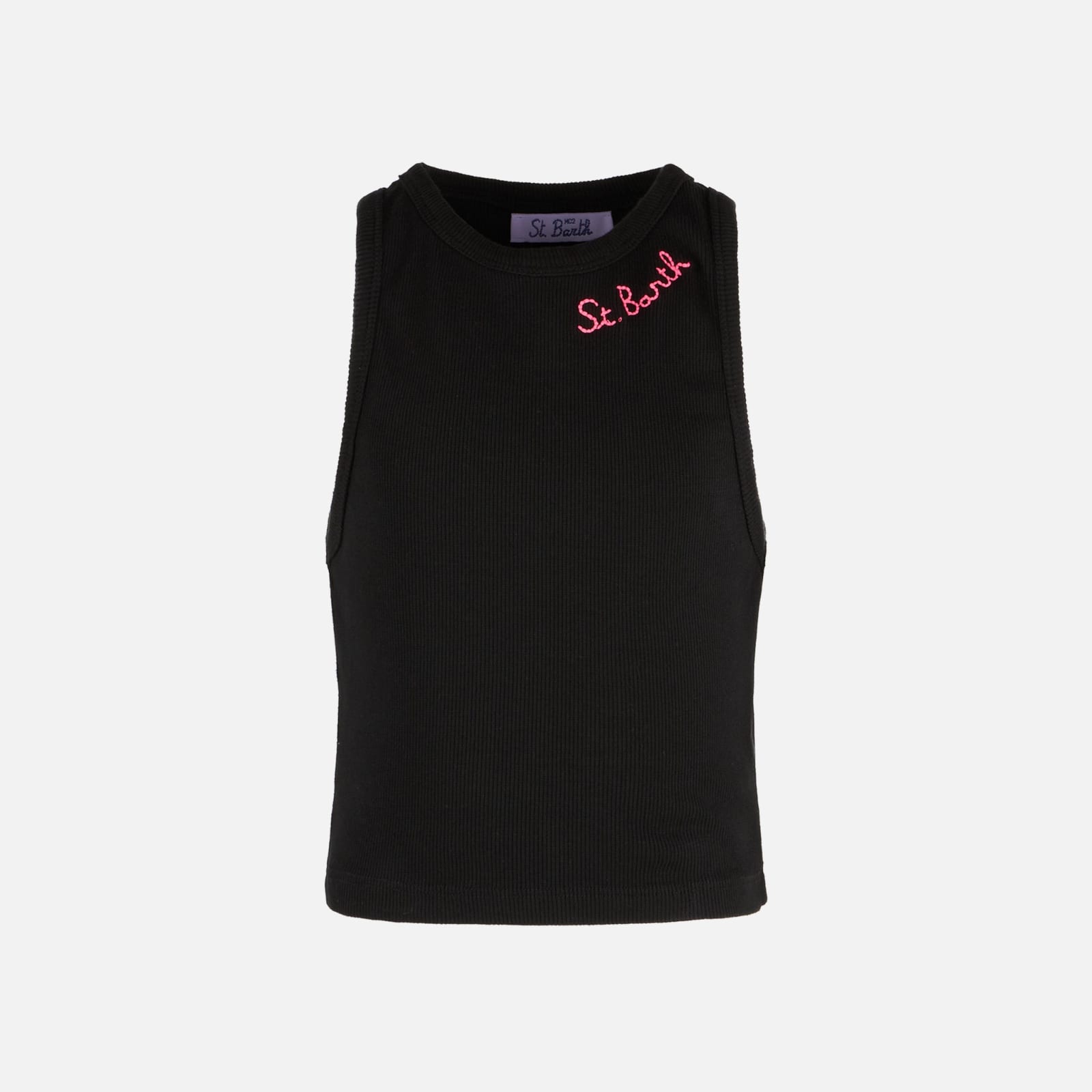 Shop Mc2 Saint Barth Cotton Crop Tank Top With St. Barth Embroidery In Black