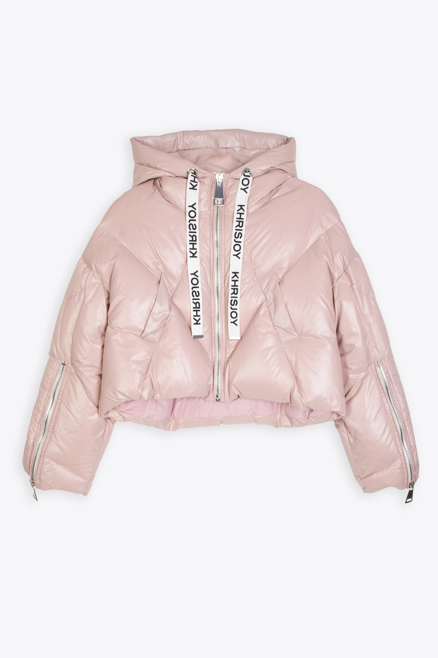 Khris Crop Shiny Powder pink shiny nylon hooded puffer jacket - Khris Crop Shiny