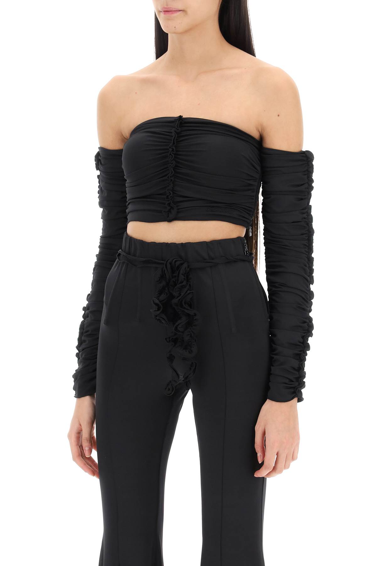 Rotate Birger Christensen Rotate Ruched Off Shoulder Cropped Top In Black (black)