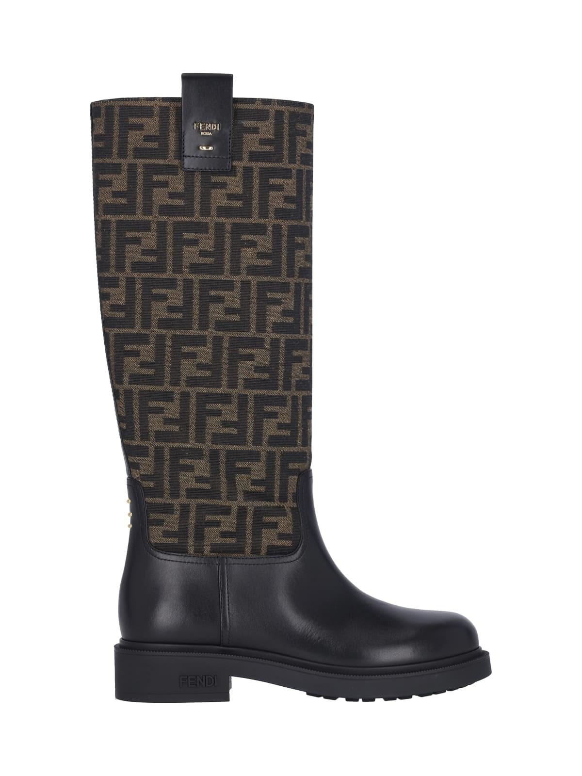 Fendi Tall Boots With Signature Monogram Pattern And Branded Detailing In Black
