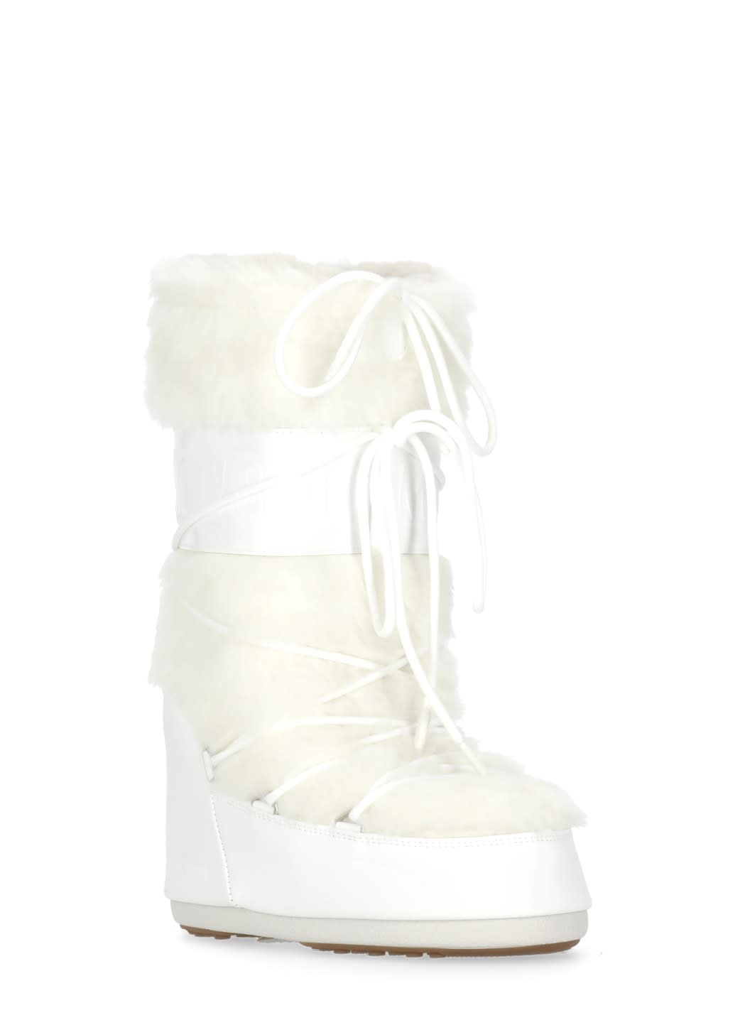 Moon Boot Faux Fur Ankle Boots With Lace-up Design In White