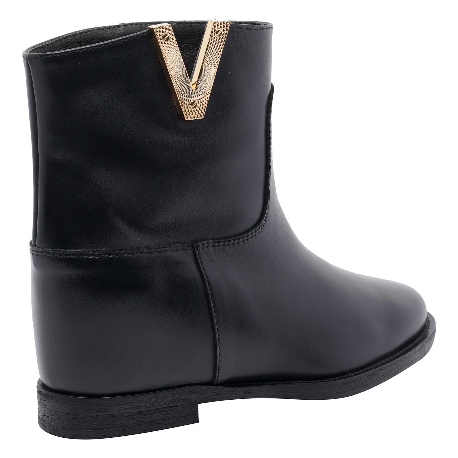 Via Roma 15 Black Leather Ankle Boot With Golden "v" Detail In Black