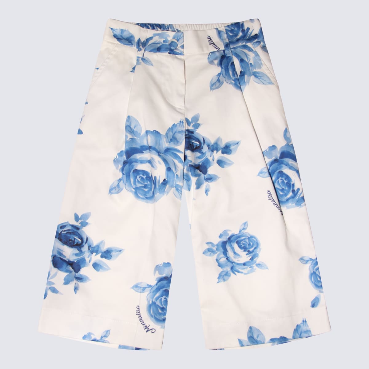 Shop Monnalisa White And Blue Cotton Pants In Panna + Blu