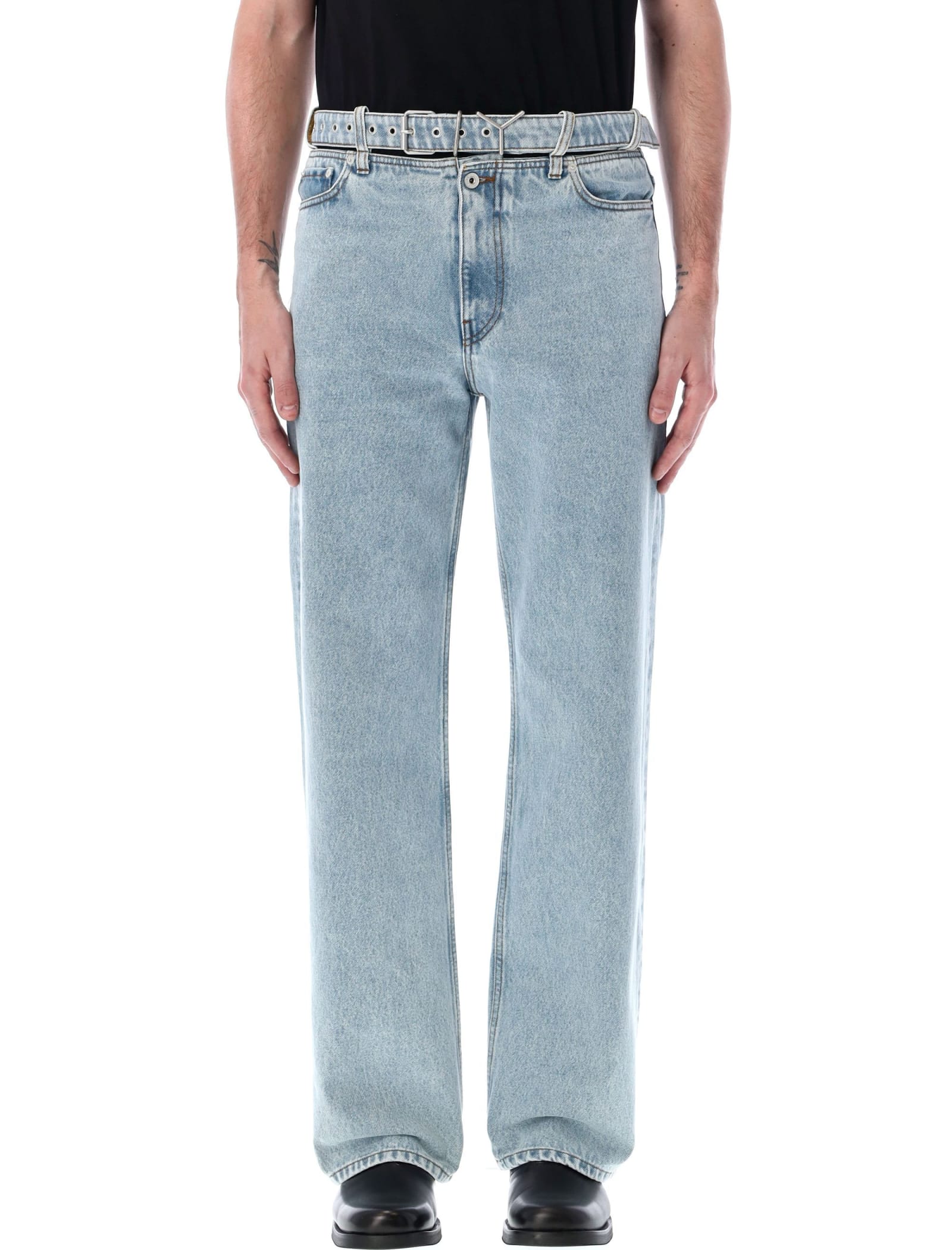 Shop Y/project Y Belt Jeans In Evergreen Ice Blue