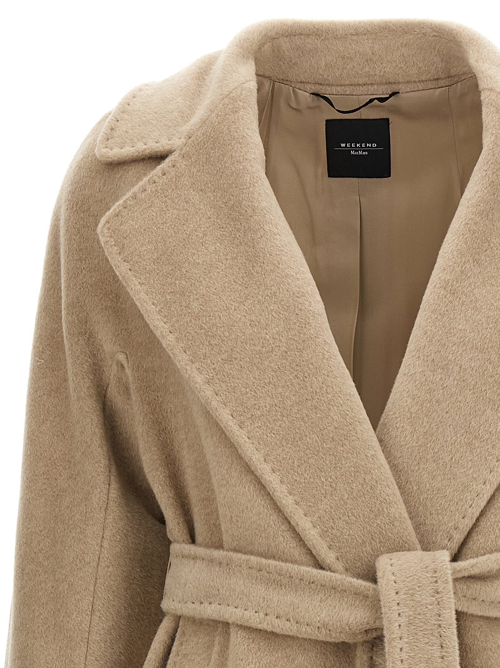 Weekend Max Mara Long Coat With Belted Waist And Pockets In Neutral